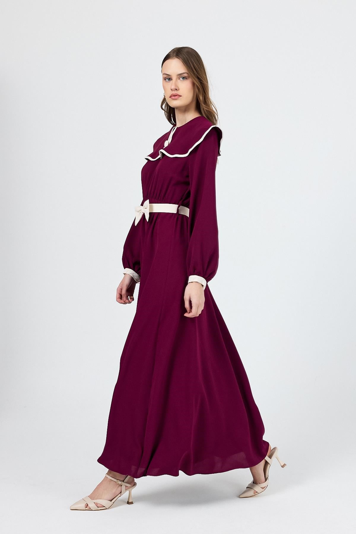 Bordo Biye Detaylı Bebe Yaka Elbise 4413A