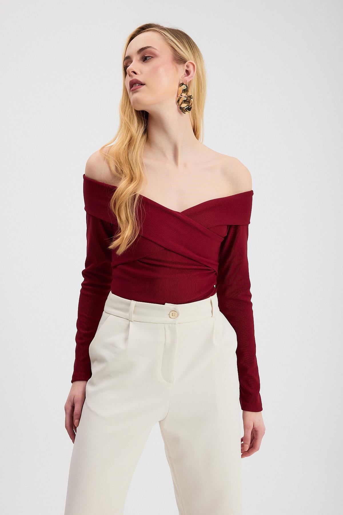 Bordo Çapraz Madonna Yaka Bluz 12748