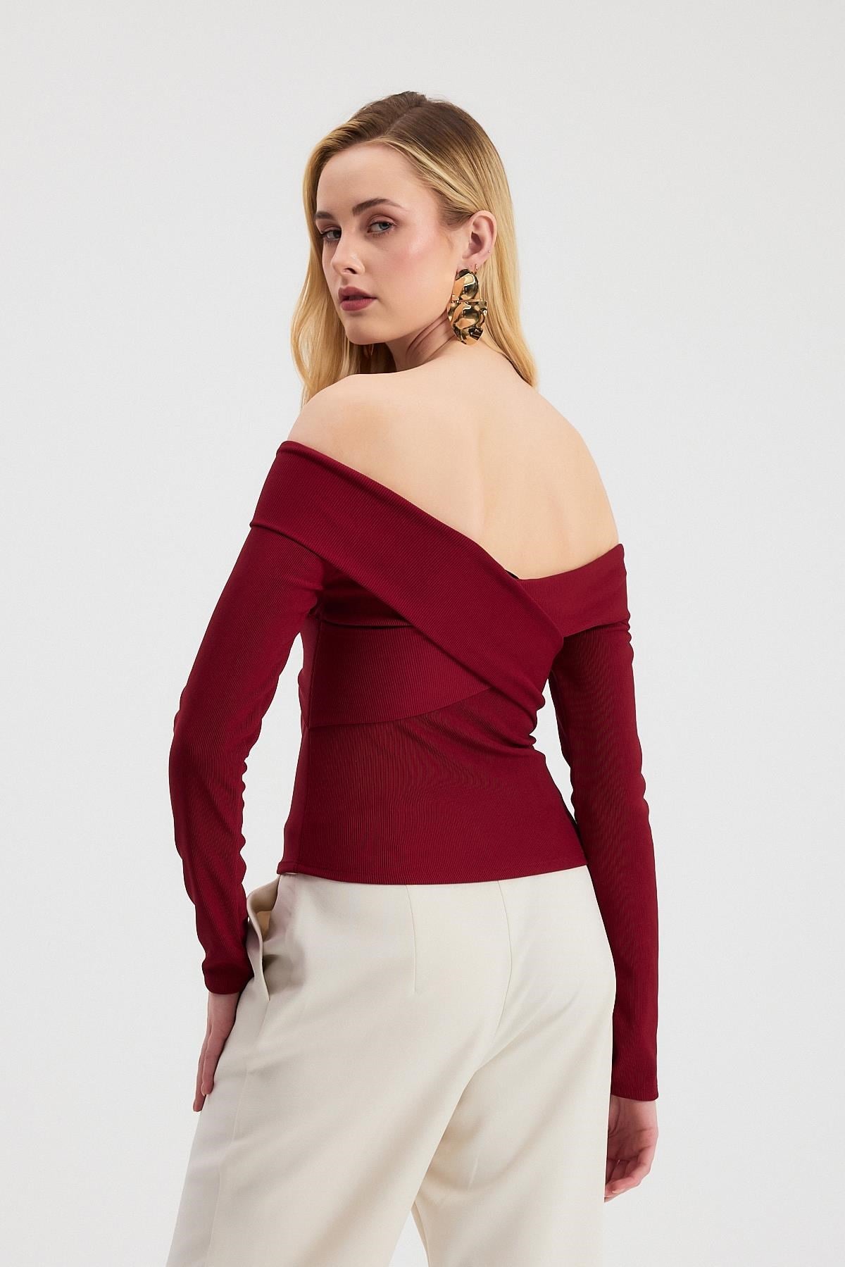 Bordo Çapraz Madonna Yaka Bluz 12748