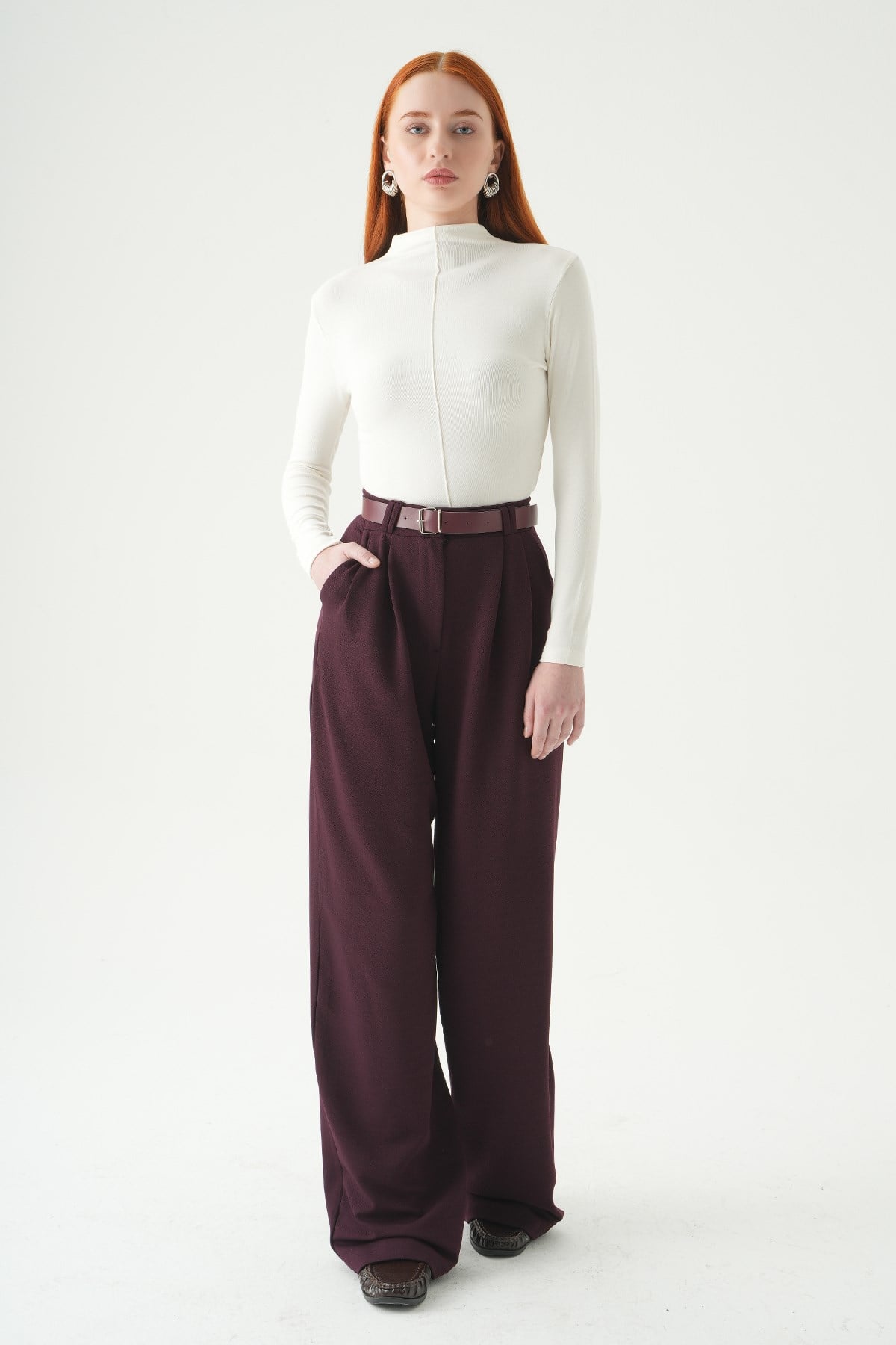 Bordo Çift Pile Detay Kemerli Pantolon 5009