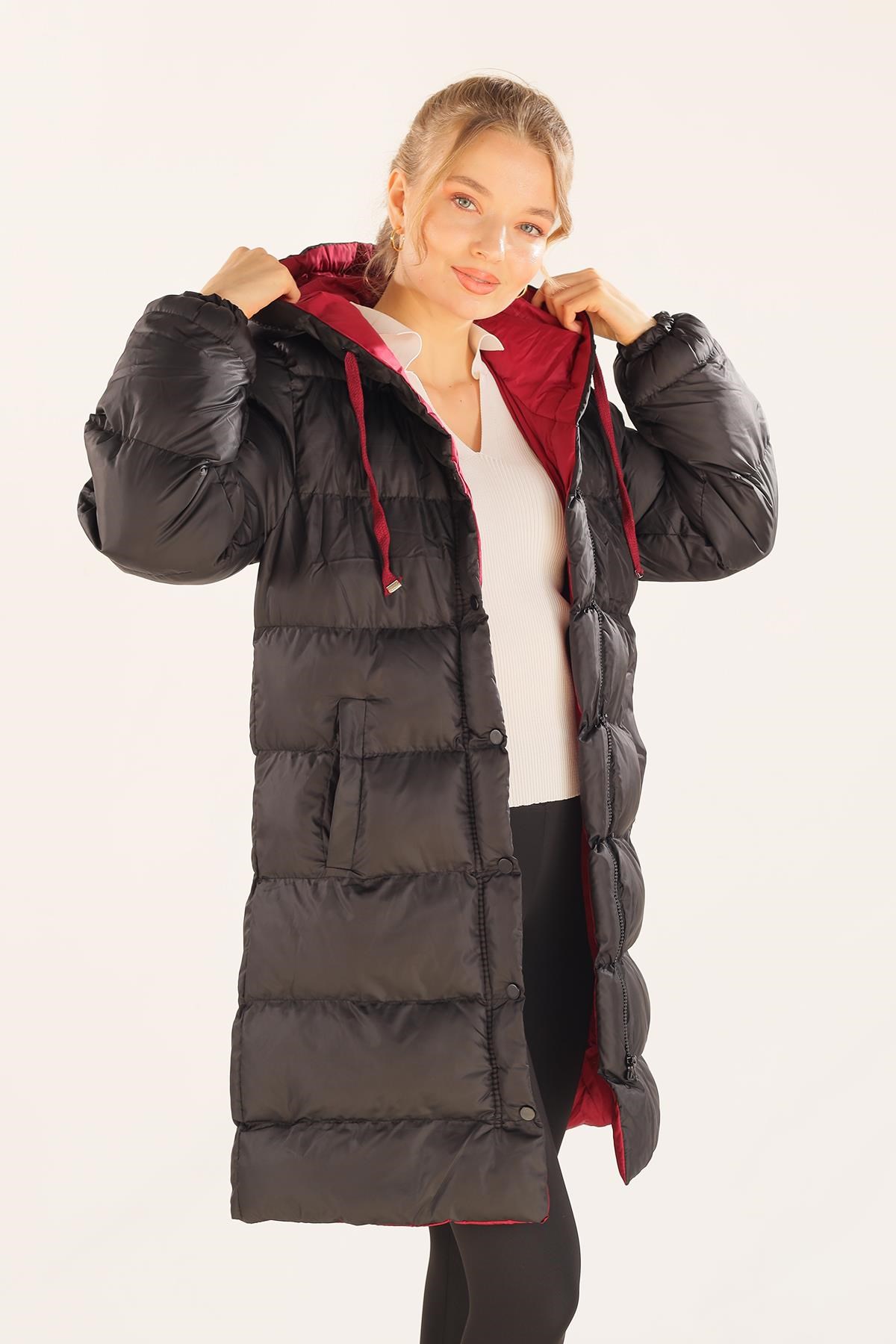 Bordo Çift Renkli Oversize Mont 0021-1