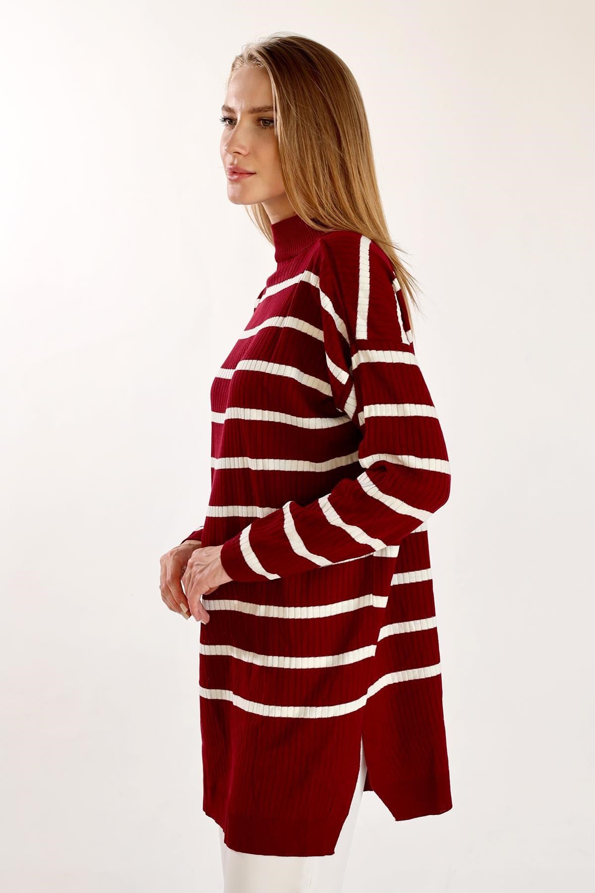 Bordo Çizgili Balıkçı Yaka Tunik 5415
