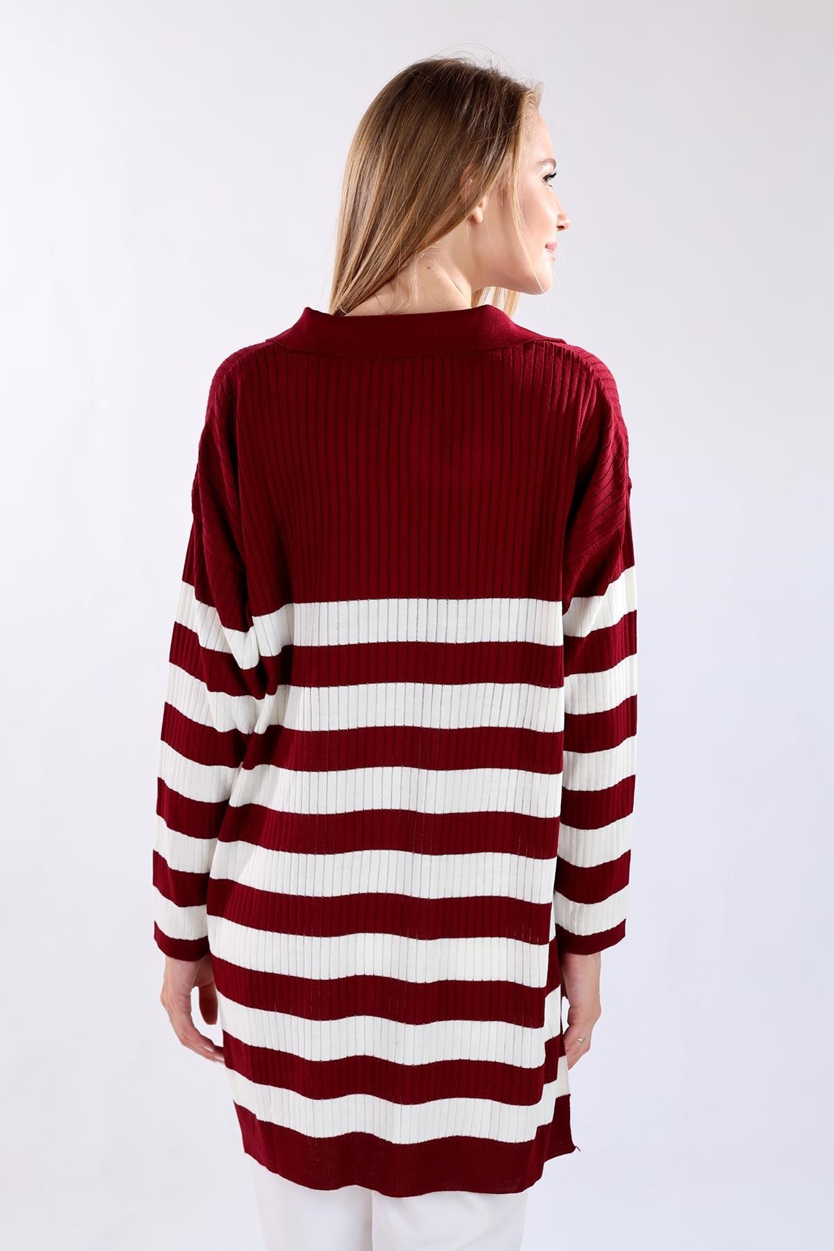 Bordo Çizgili Fitilli Triko Tunik 5335
