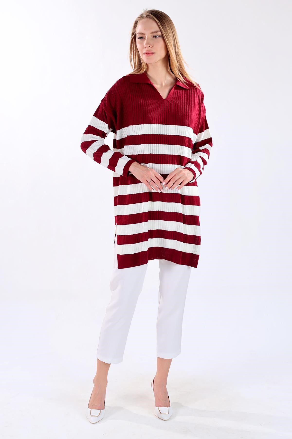 Bordo Çizgili Fitilli Triko Tunik 5335