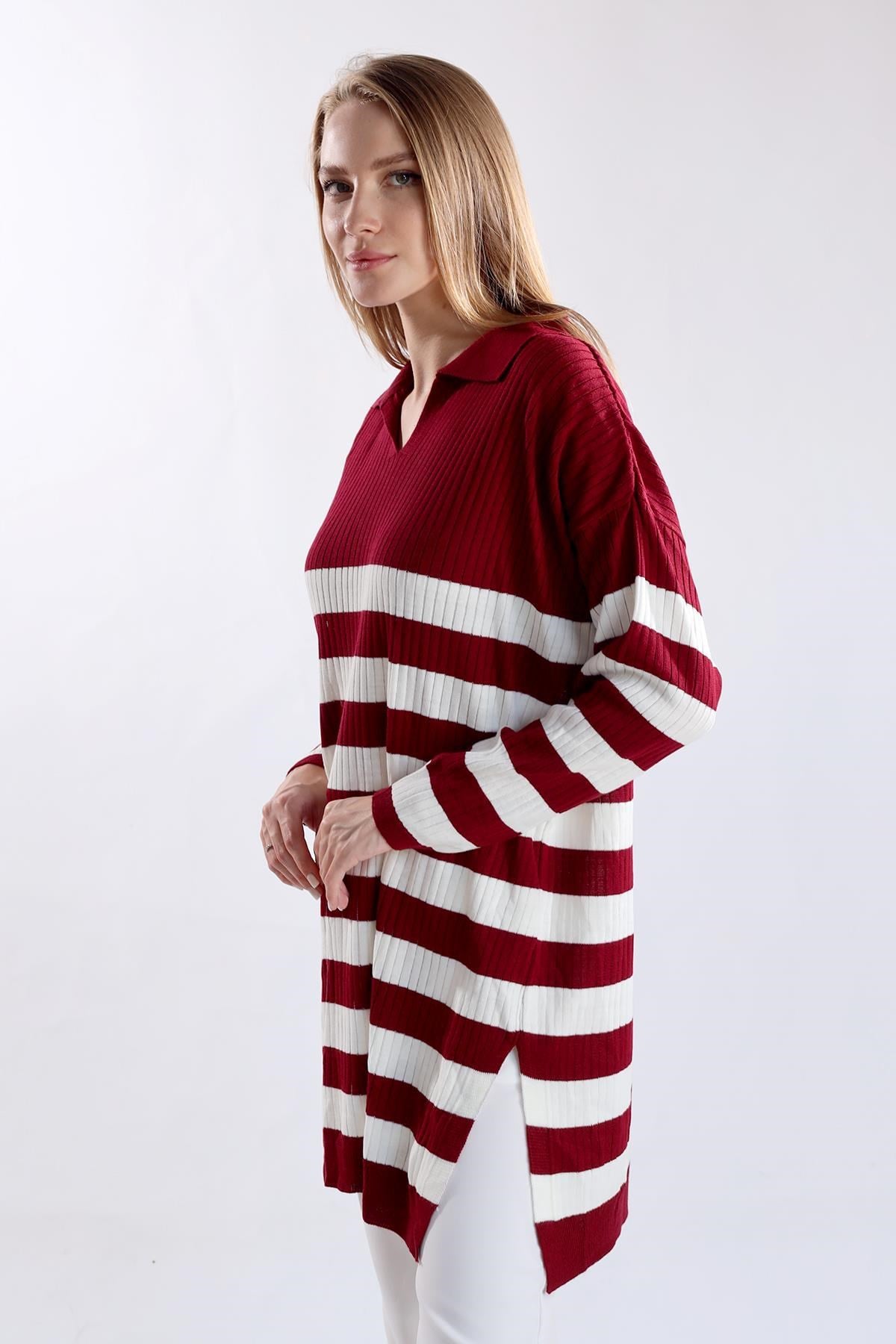 Bordo Çizgili Fitilli Triko Tunik 5335