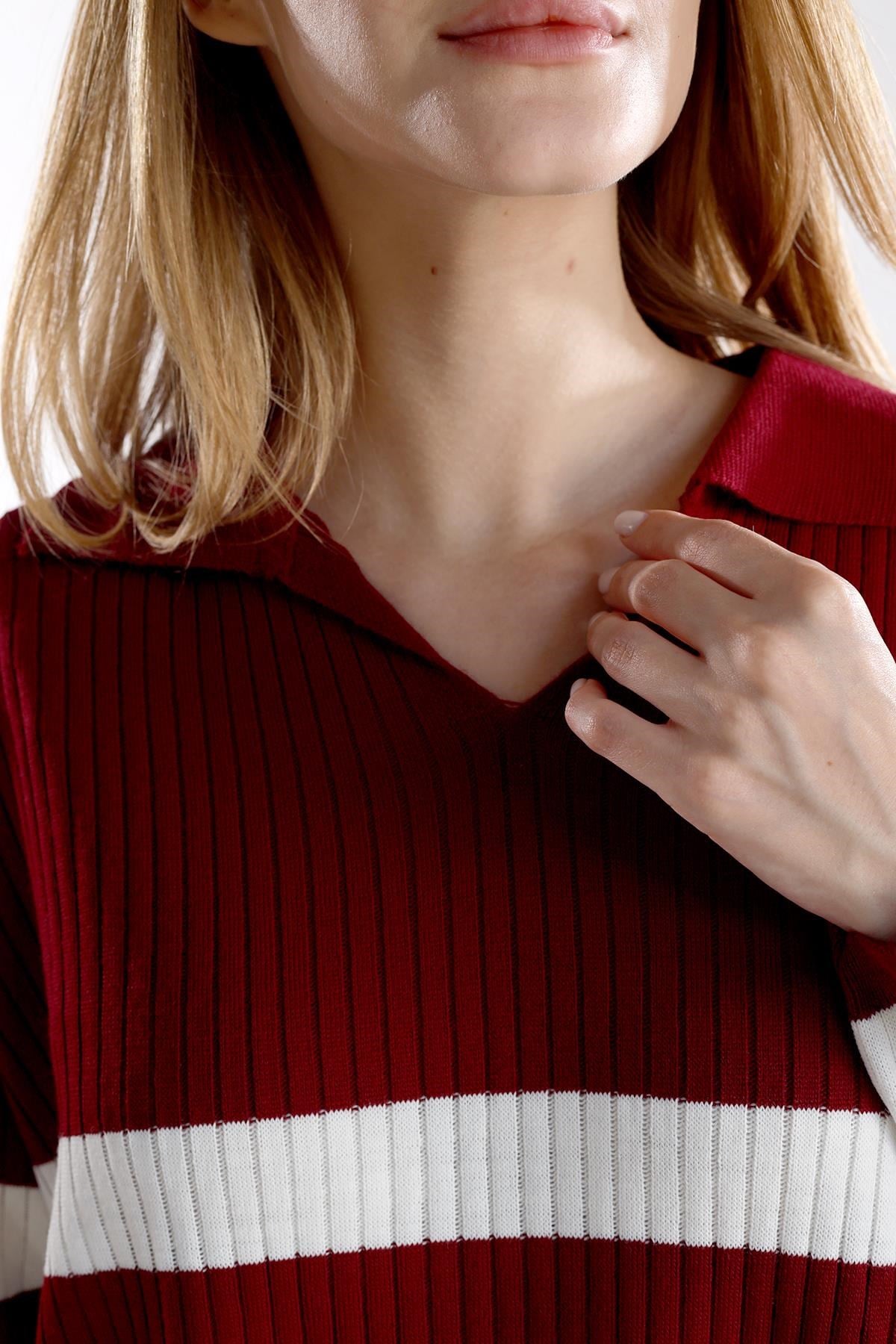 Bordo Çizgili Fitilli Triko Tunik 5335