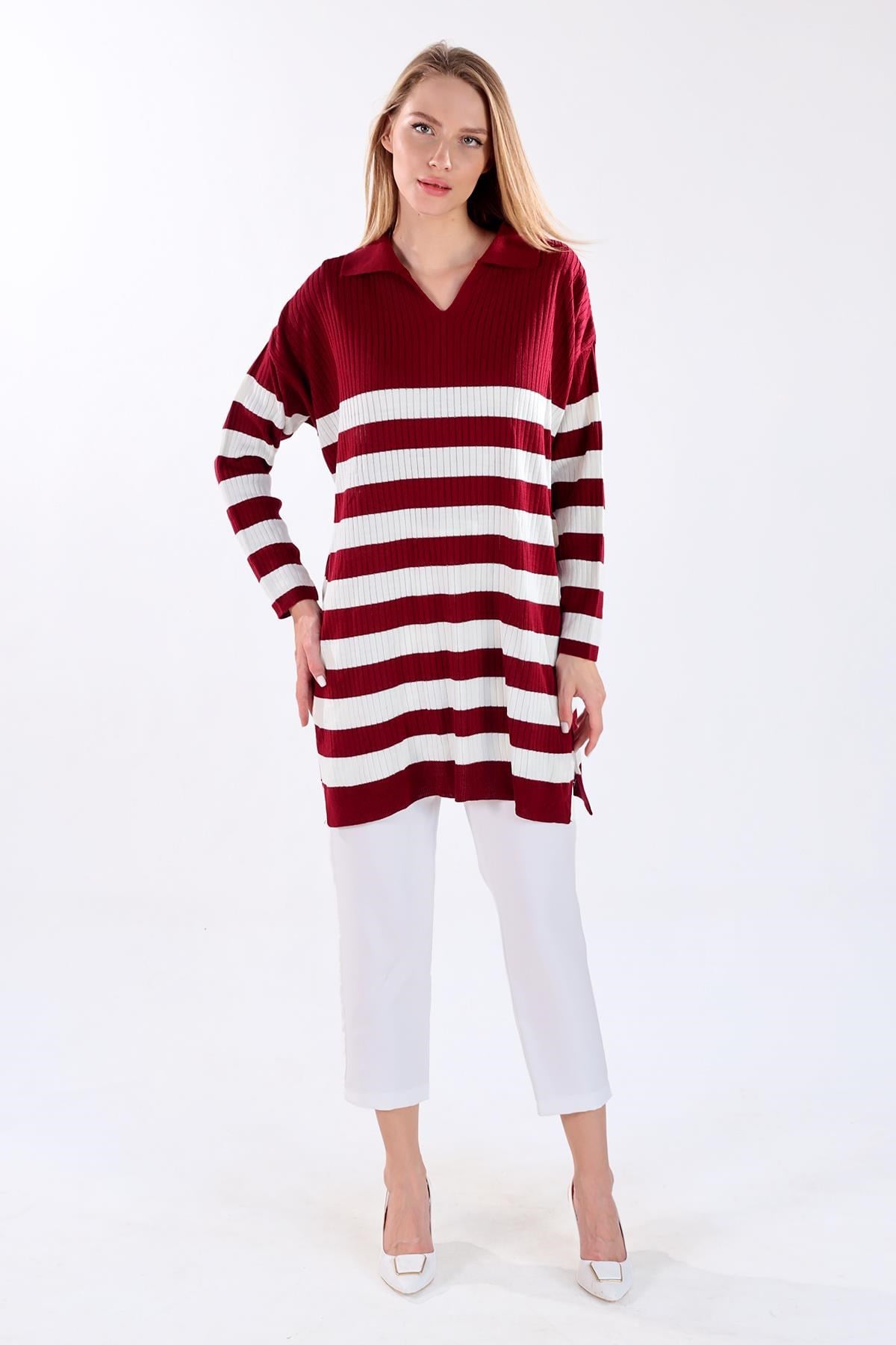 Bordo Çizgili Fitilli Triko Tunik 5335