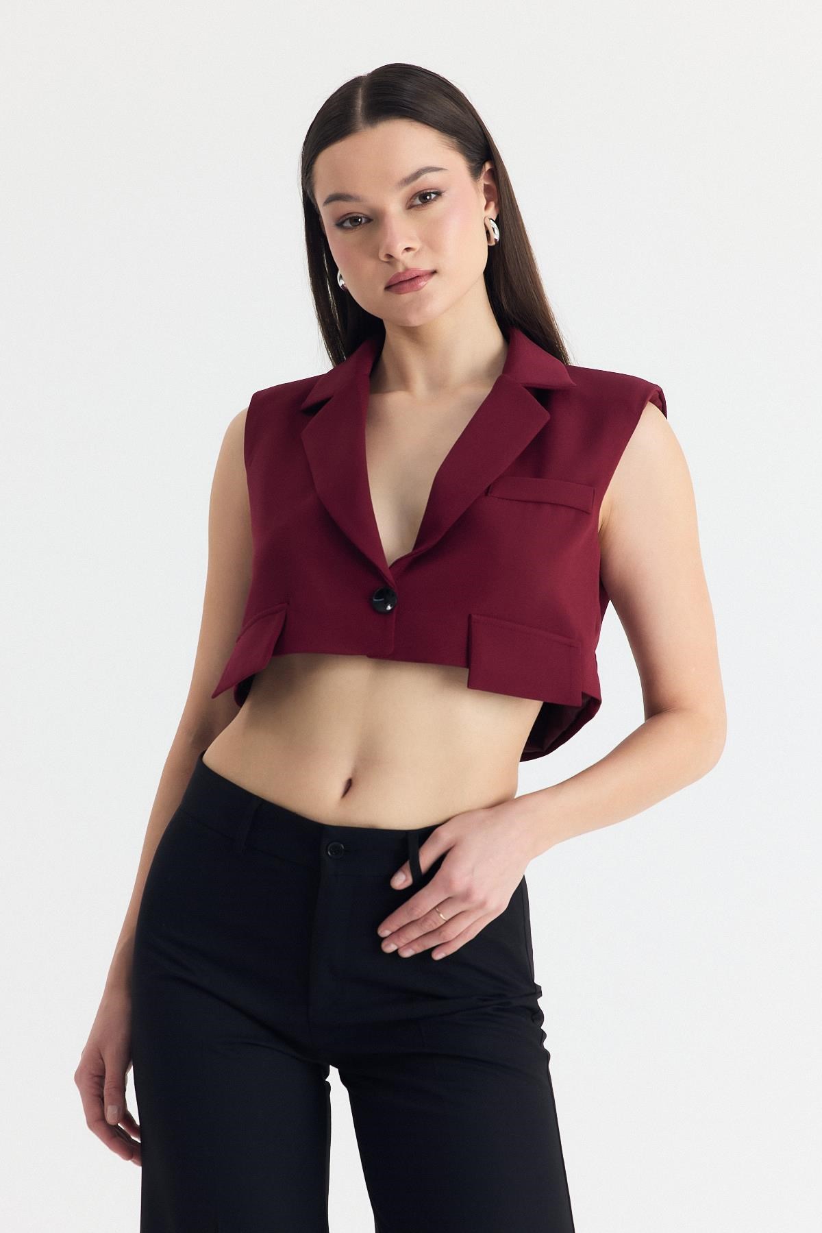 Bordo Crop Vatkalı Tek Düğme Cep Detay Yelek 6929