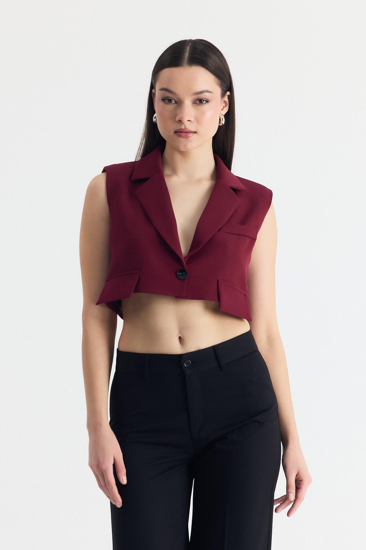 Bordo Crop Vatkalı Tek Düğme Cep Detay Yelek 6929