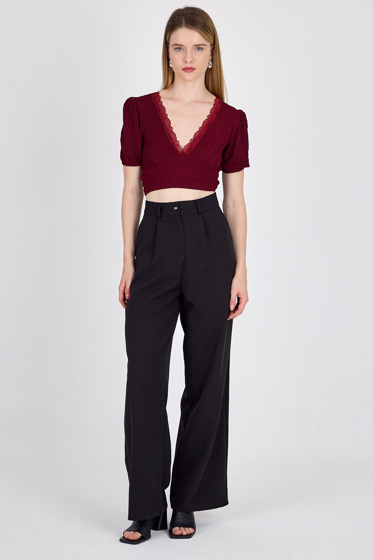 Bordo Dantel Detaylı Bürümcük Kumaş Crop Bluz 2231