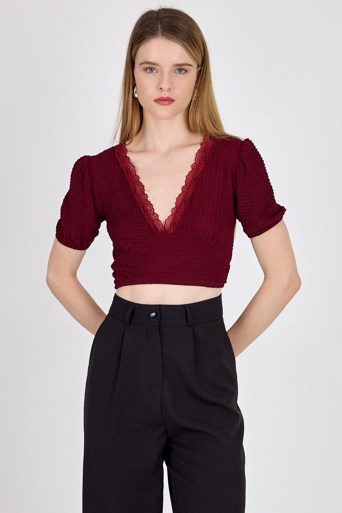 Bordo Dantel Detaylı Bürümcük Kumaş Crop Bluz 2231