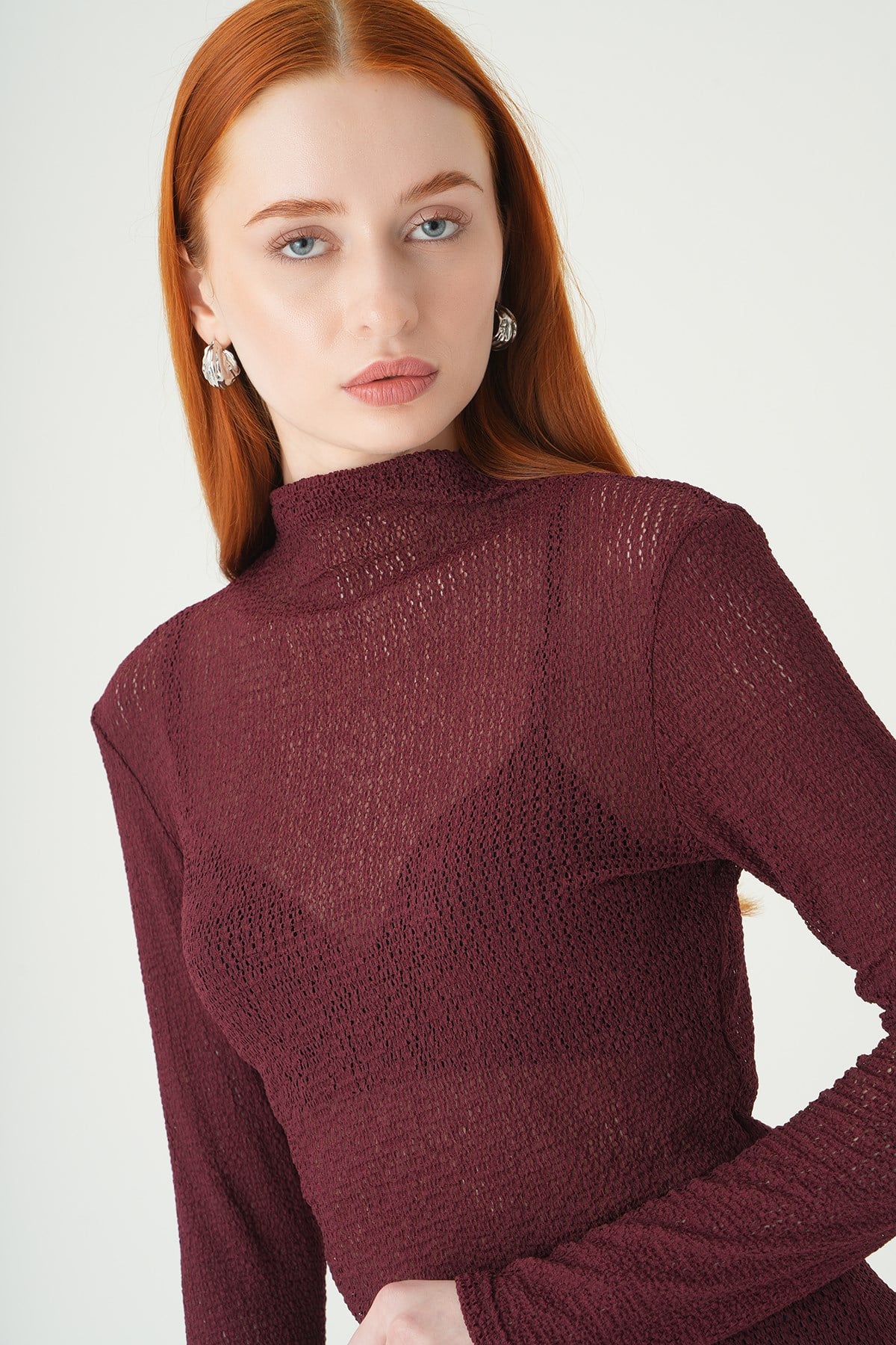 Bordo Dik Yaka Uzun Kol Bluz 251131