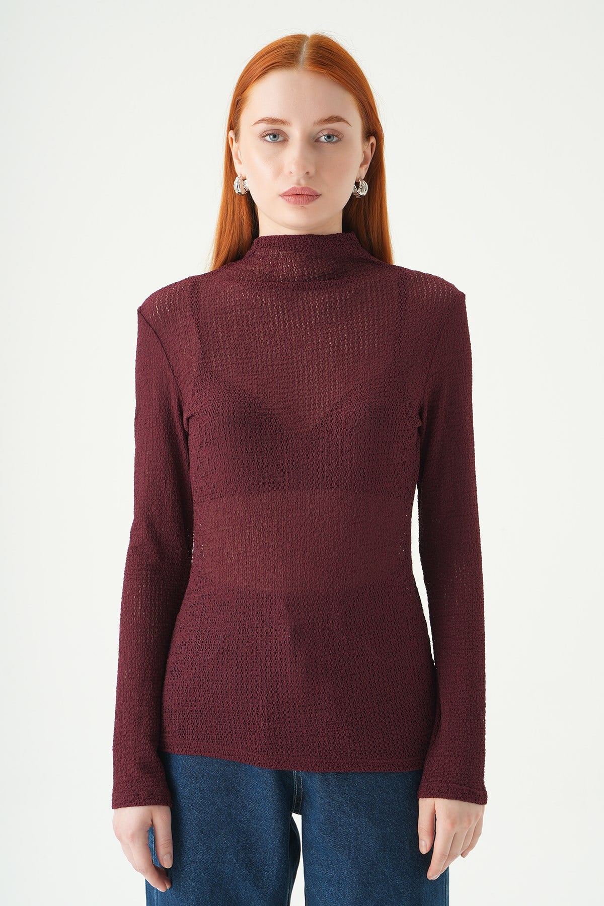 Bordo Dik Yaka Uzun Kol Bluz 251131