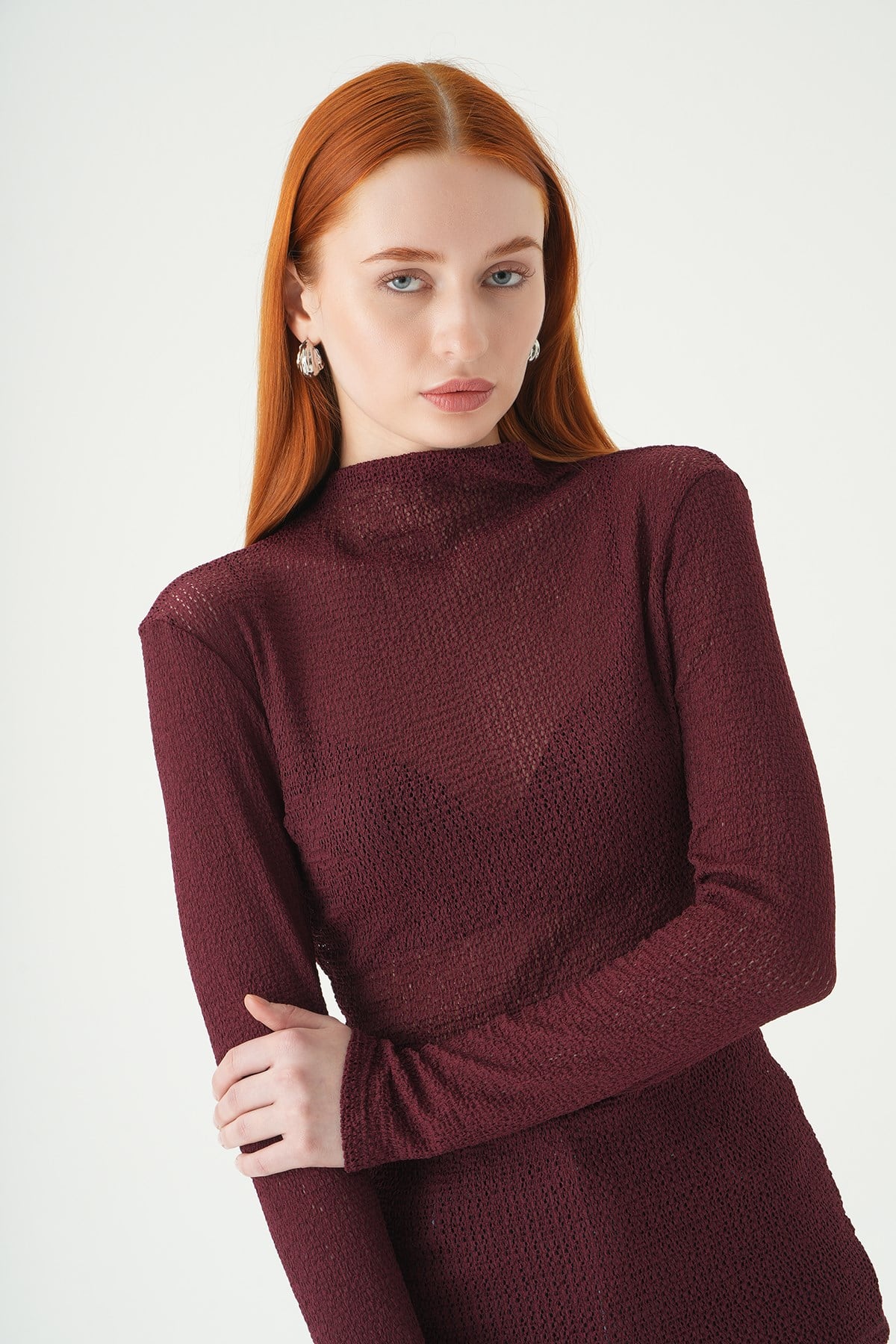 Bordo Dik Yaka Uzun Kol Bluz 251131