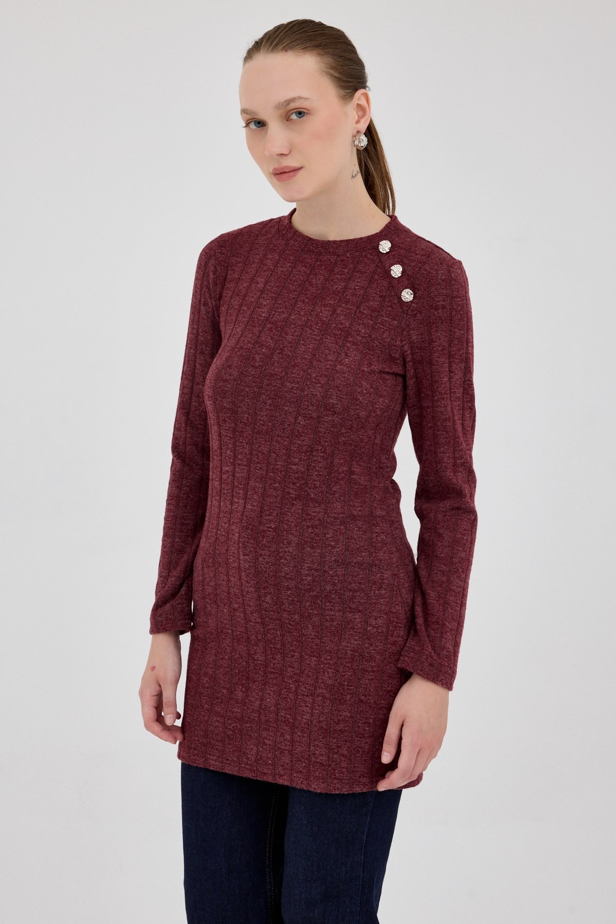 Bordo Düğme Detaylı Çizgili Triko Tunik 8132A