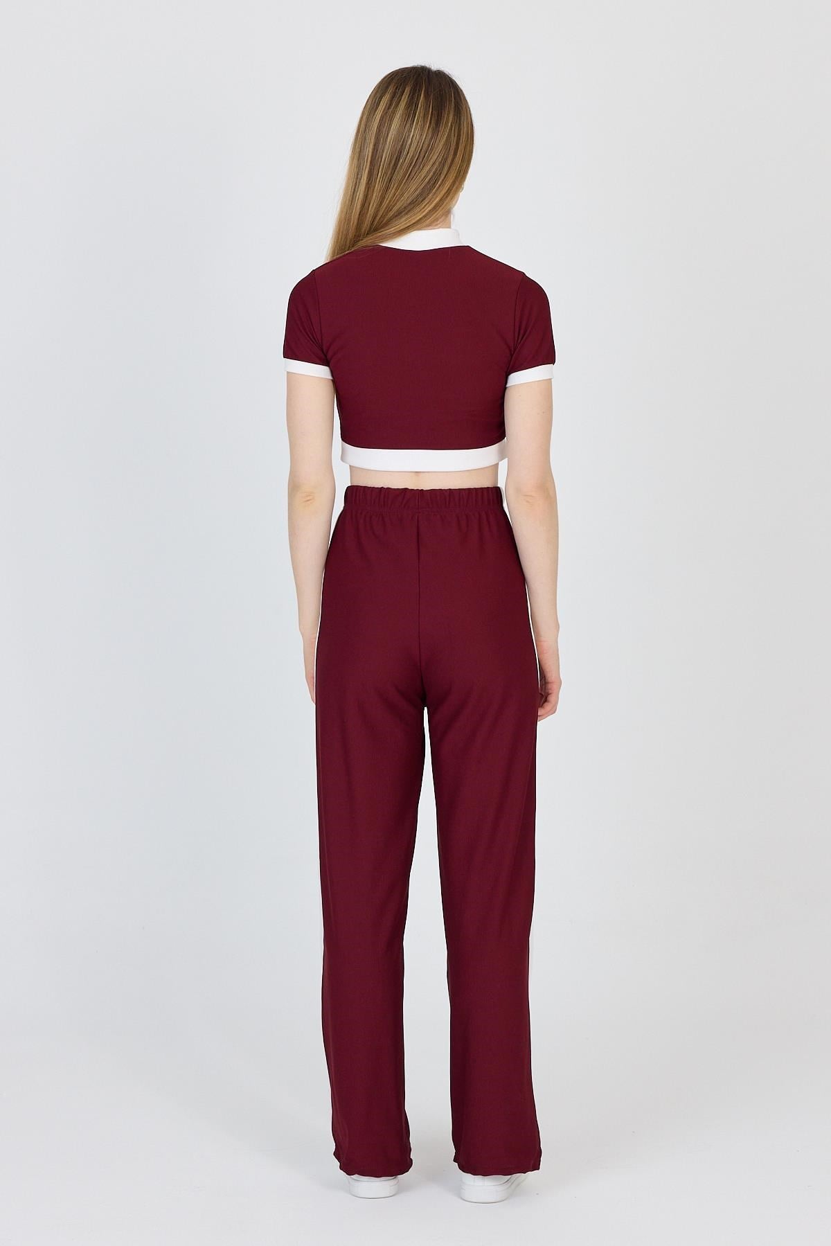 Bordo Düğmeli Crop Bluz & Şeritli Palazzo Pantolon Takım 2214
