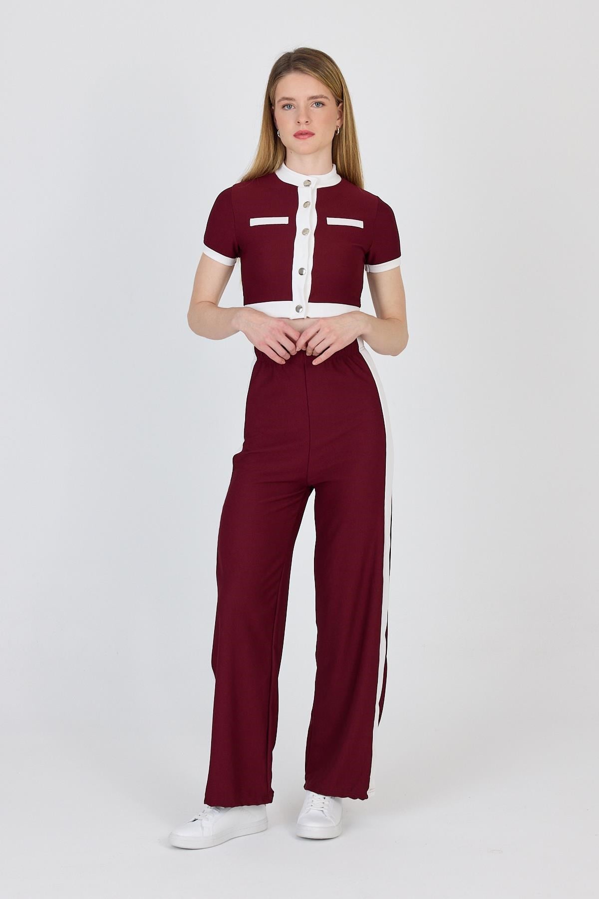 Bordo Düğmeli Crop Bluz & Şeritli Palazzo Pantolon Takım 2214
