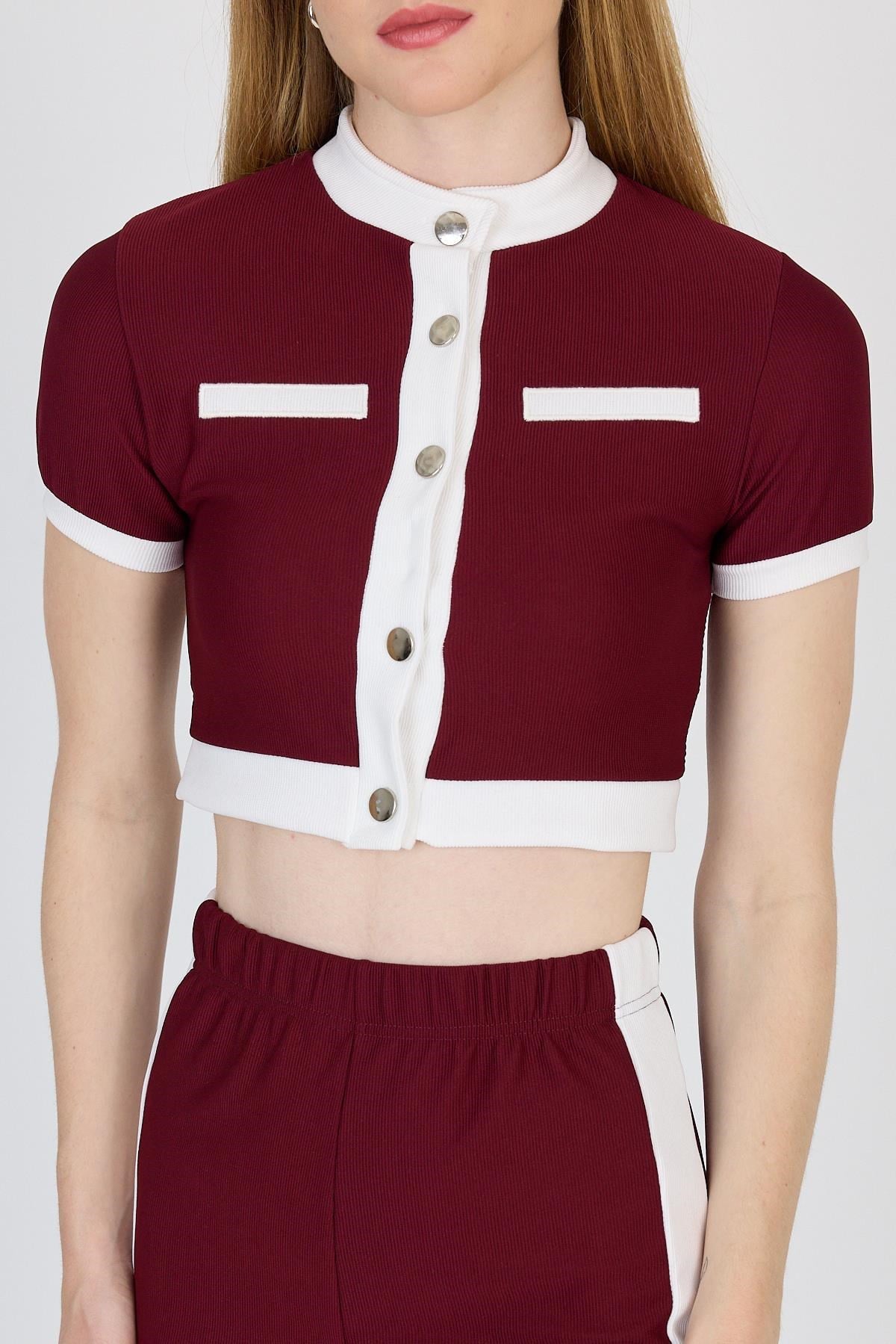 Bordo Düğmeli Crop Bluz & Şeritli Palazzo Pantolon Takım 2214