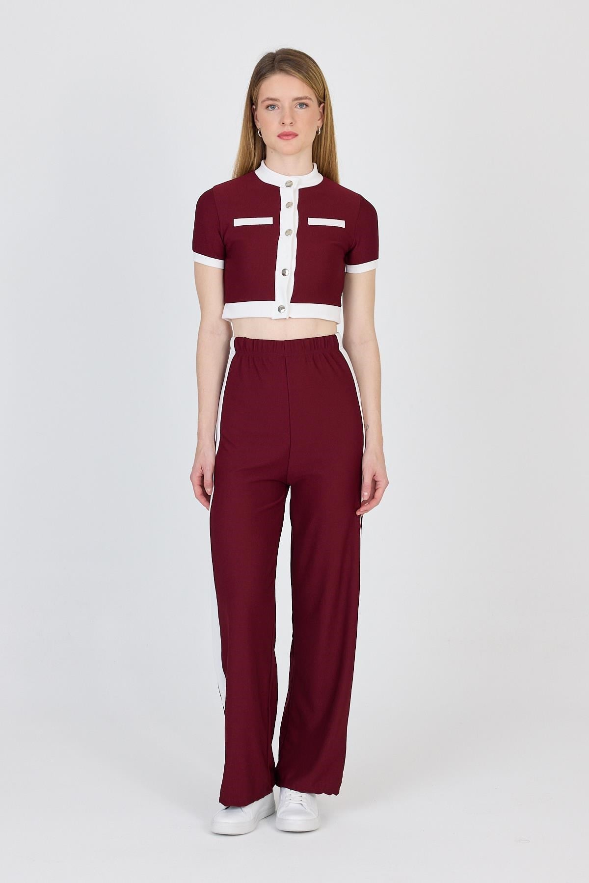 Bordo Düğmeli Crop Bluz & Şeritli Palazzo Pantolon Takım 2214