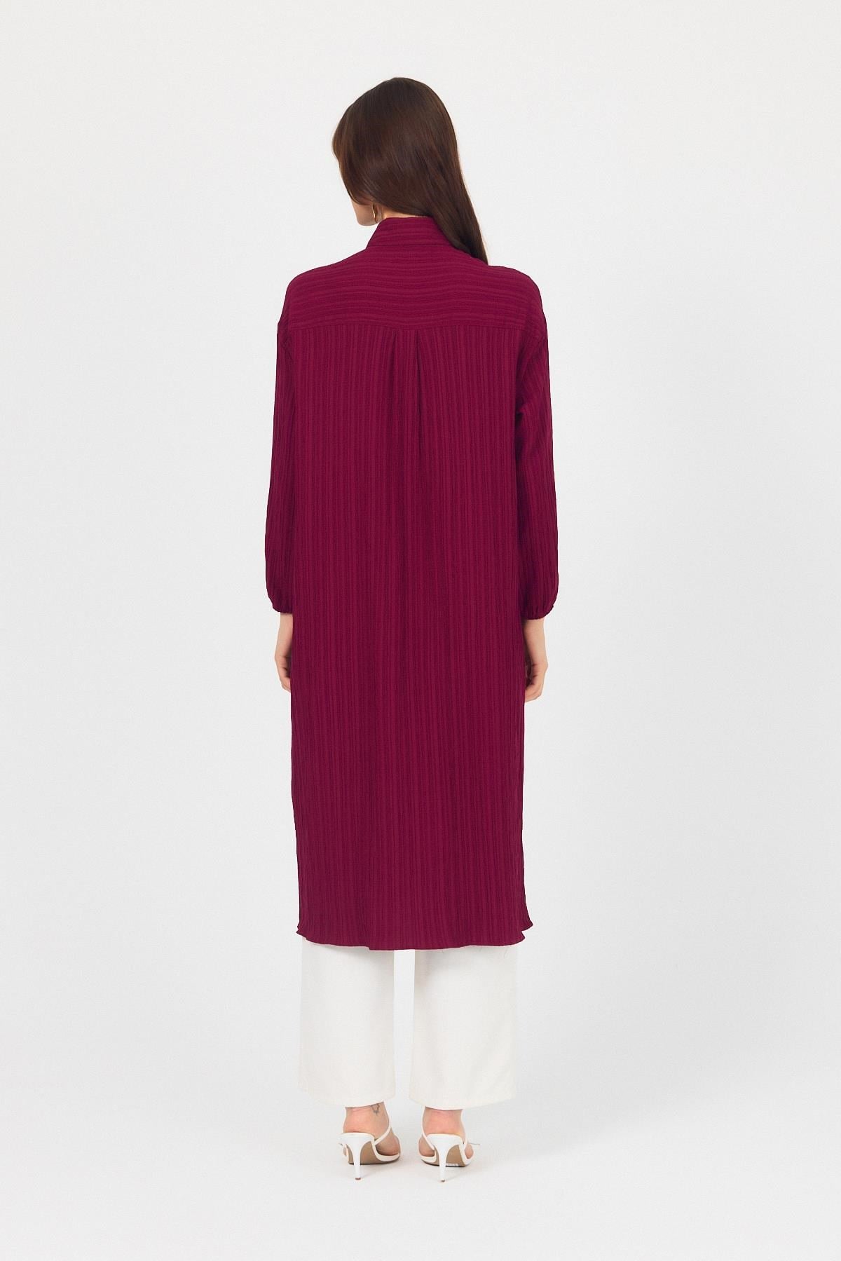 Bordo Düğmeli Kol Lastikli Uzun Tunik 4507A