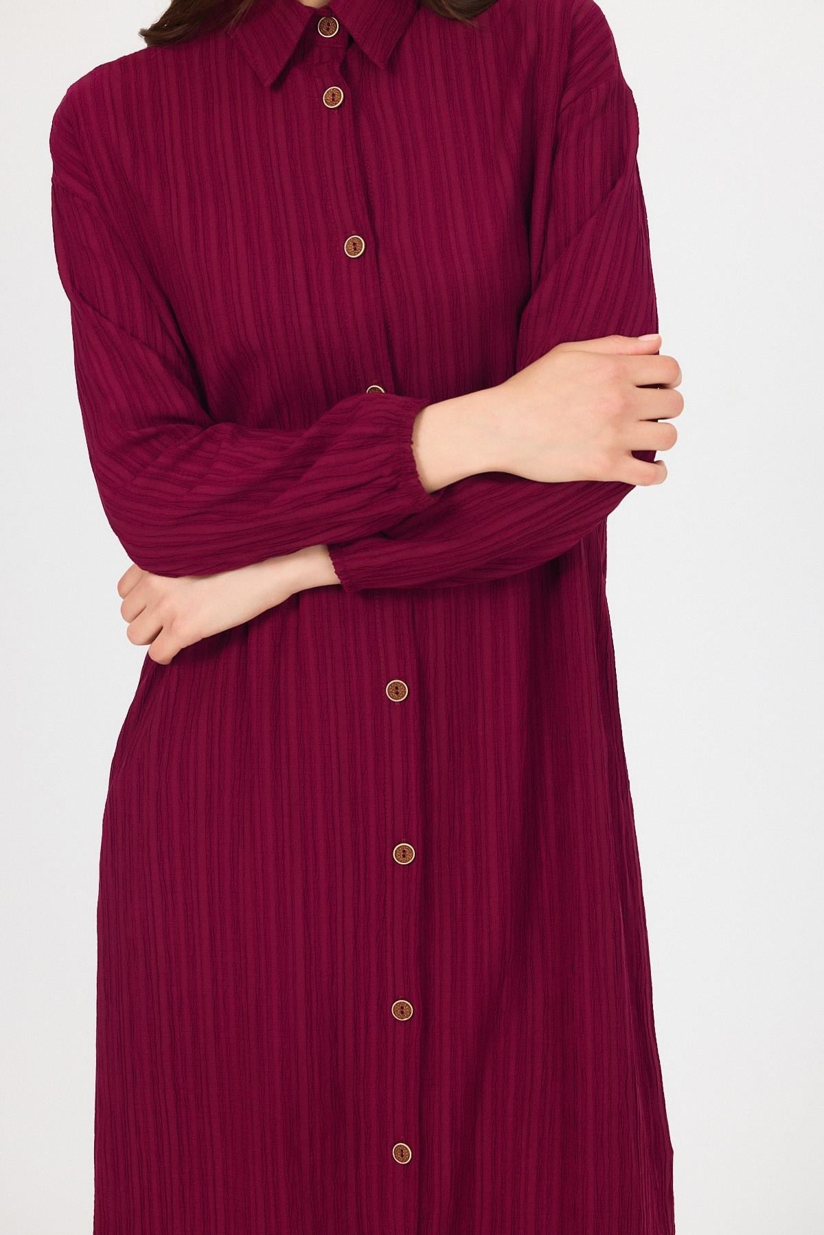 Bordo Düğmeli Kol Lastikli Uzun Tunik 4507A