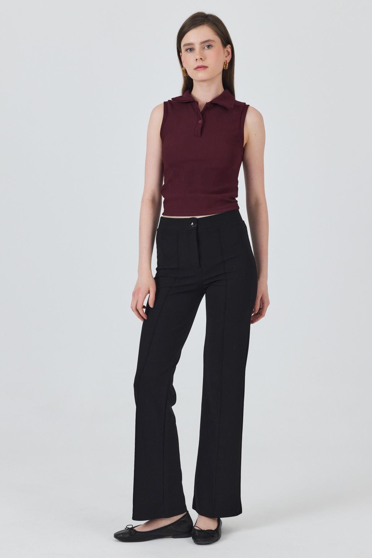 Bordo Düğmeli Polo Yaka Sıfır Kol Örme Bluz 2219