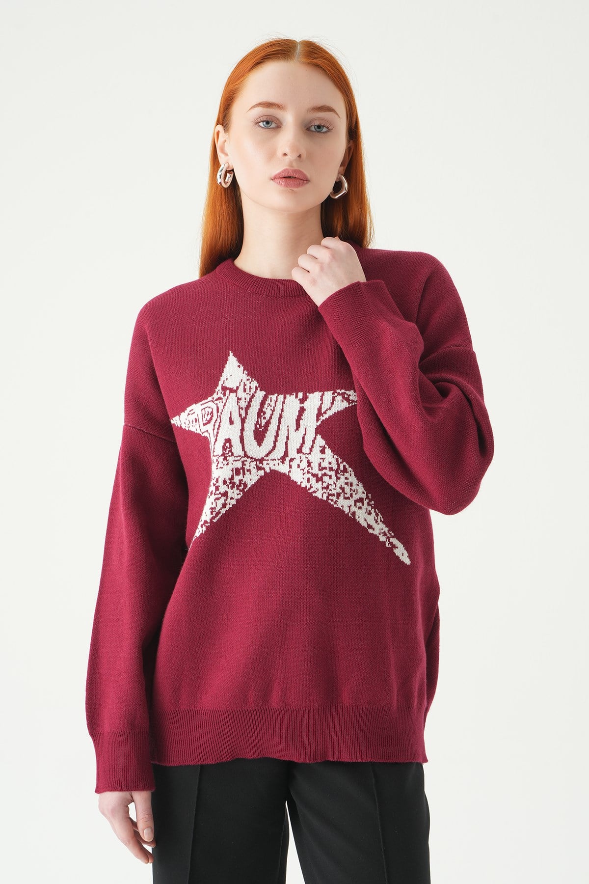 Bordo-Ekru Yıldız Baskılı Oversize Kazak 2474