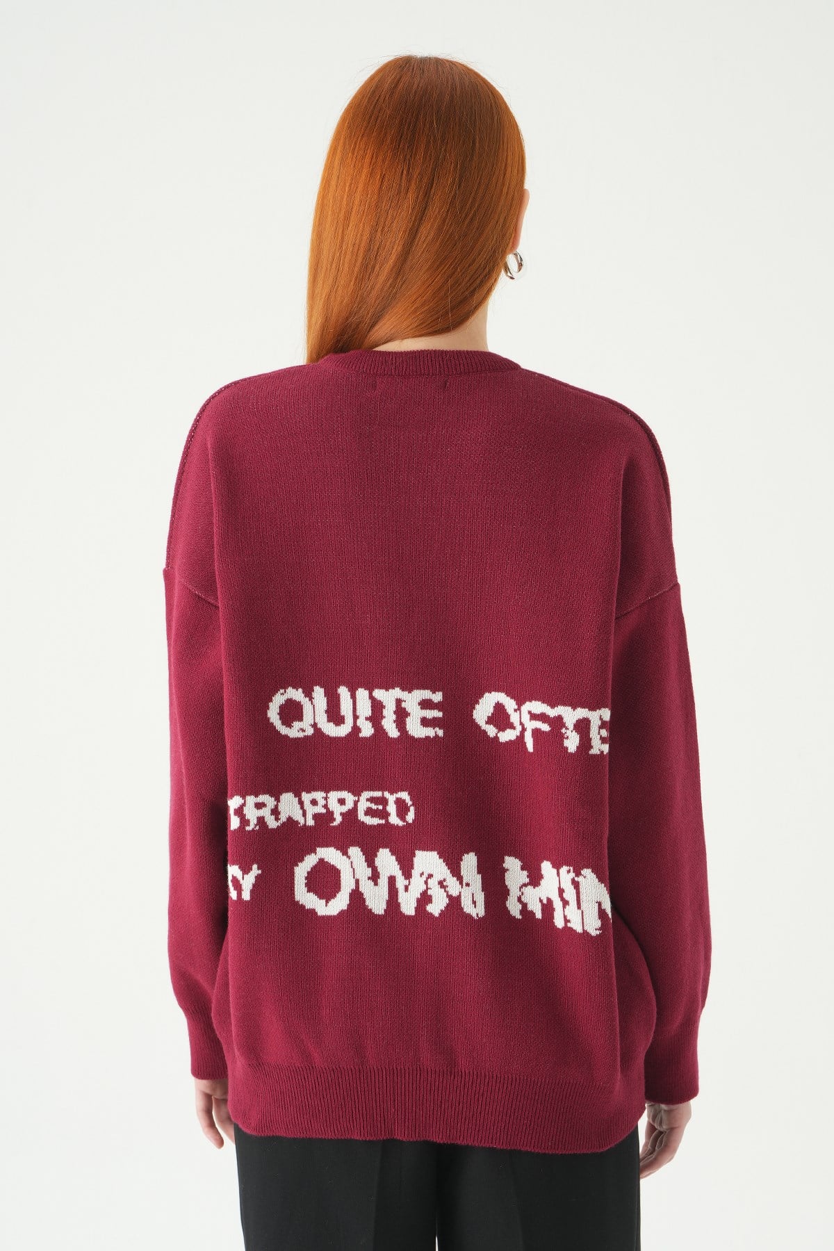 Bordo-Ekru Yıldız Baskılı Oversize Kazak 2474