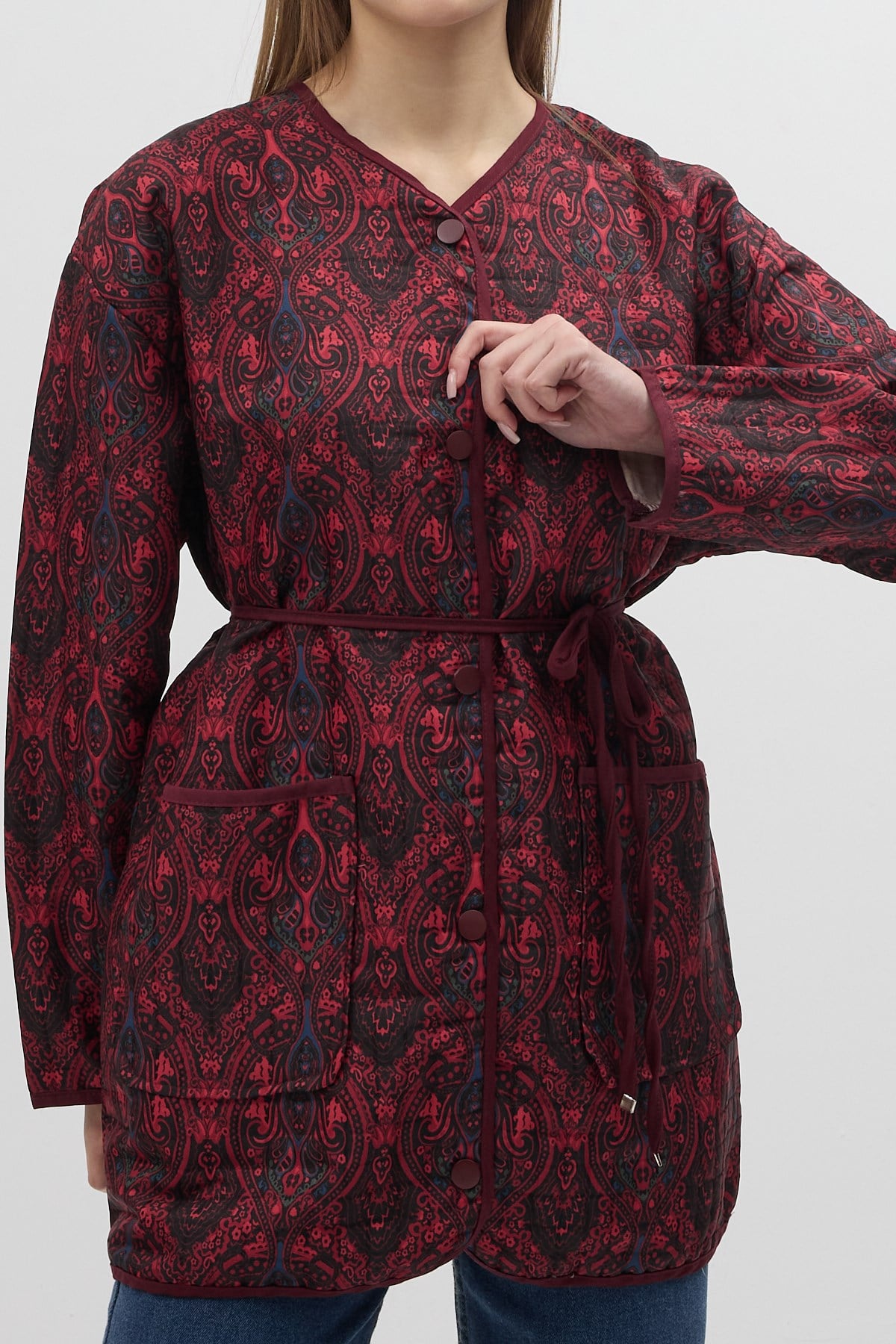 Bordo Etnik Desenli Kapitone Bel Bağlamalı Kadın Ceket 3496