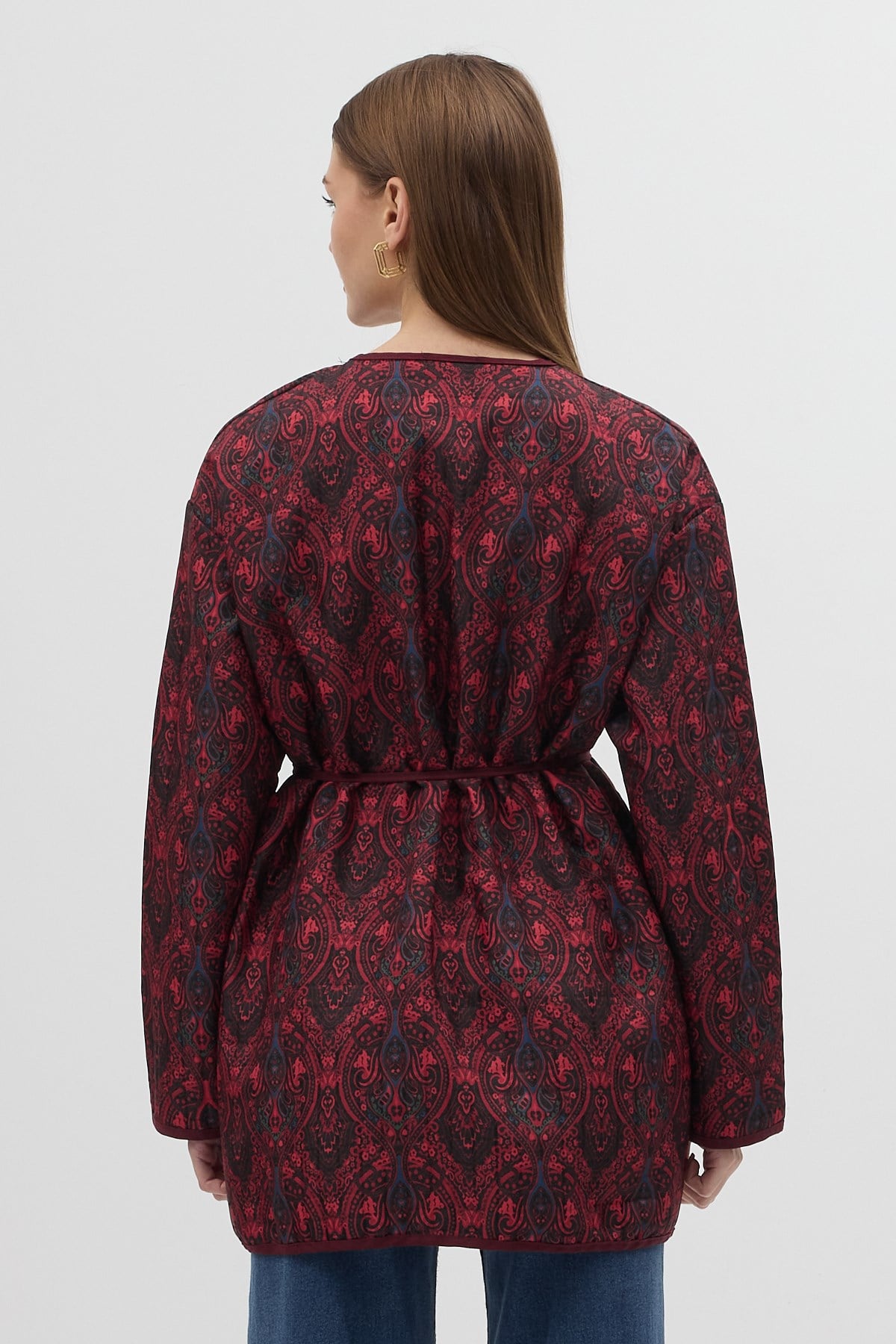 Bordo Etnik Desenli Kapitone Bel Bağlamalı Kadın Ceket 3496