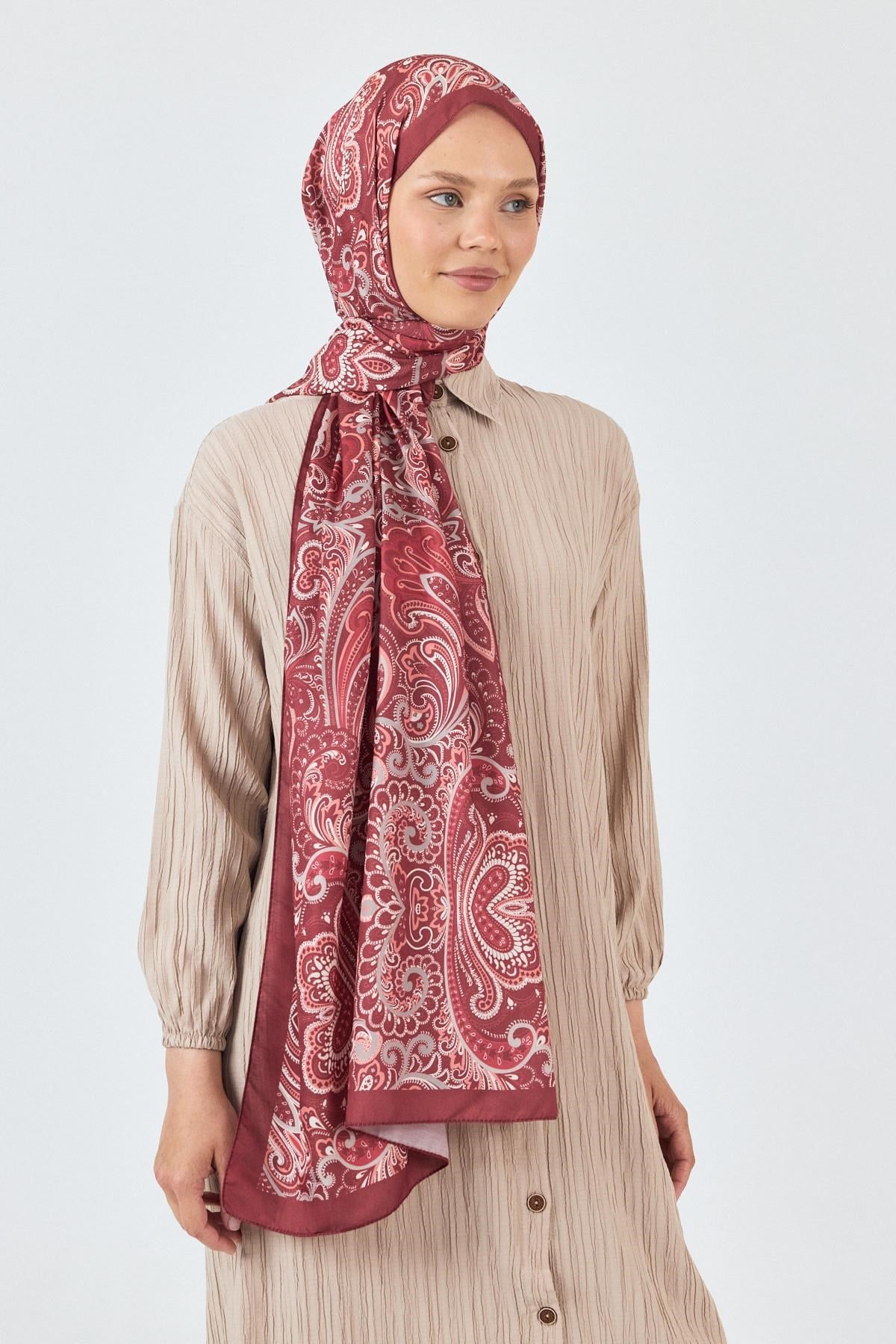 Bordo Etnik Desenli Şal 4005