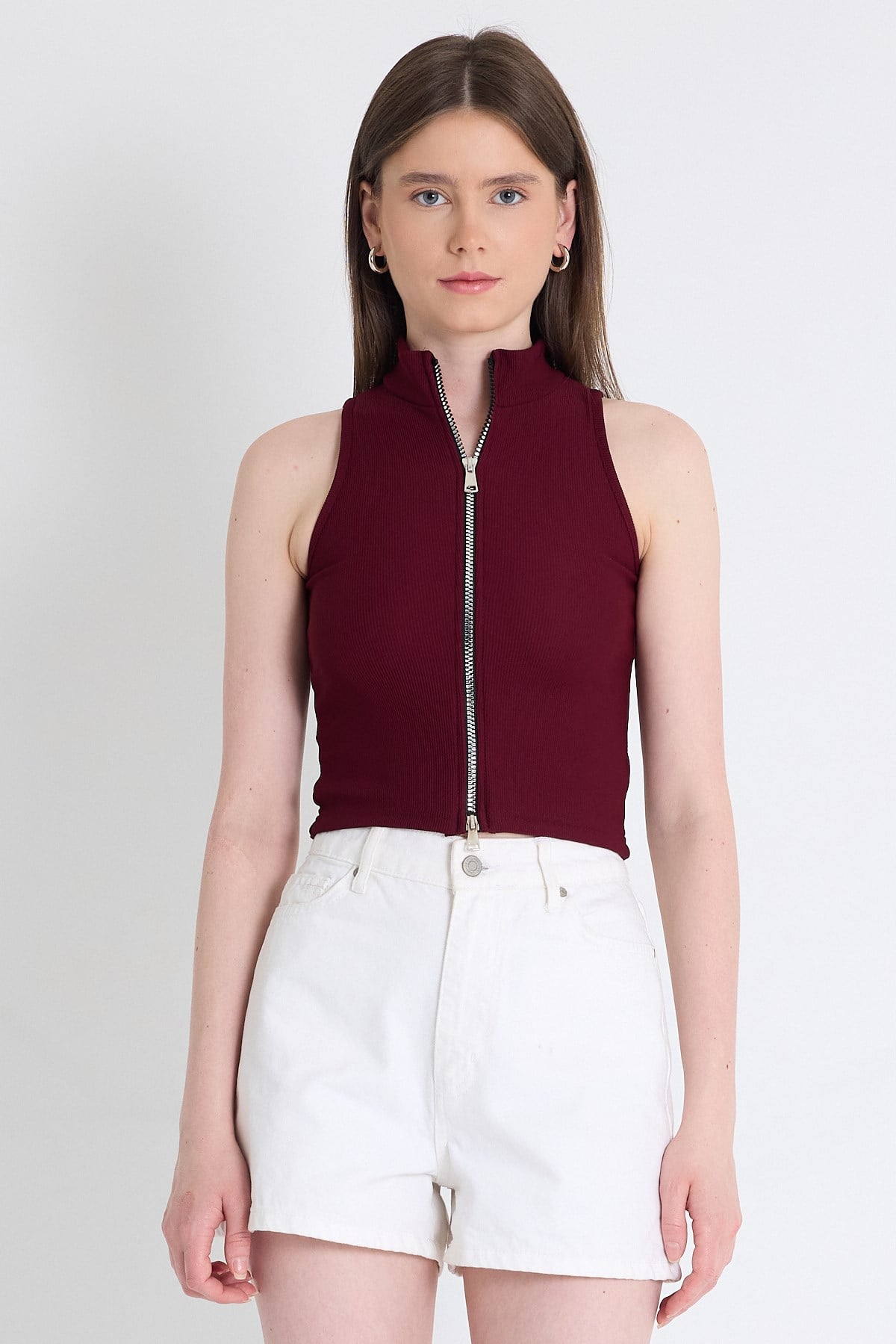 Bordo Fermuar Detaylı Kolsuz Crop Bluz 2226