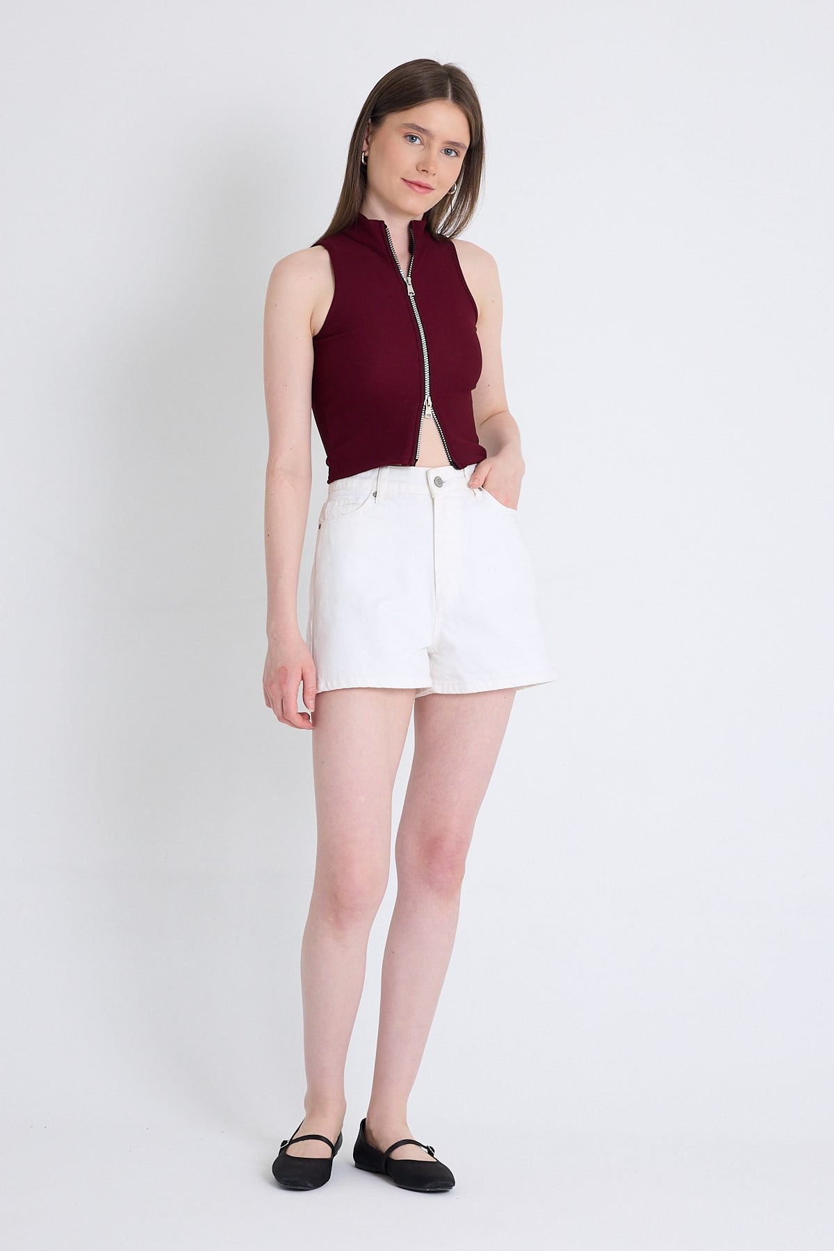 Bordo Fermuar Detaylı Kolsuz Crop Bluz 2226