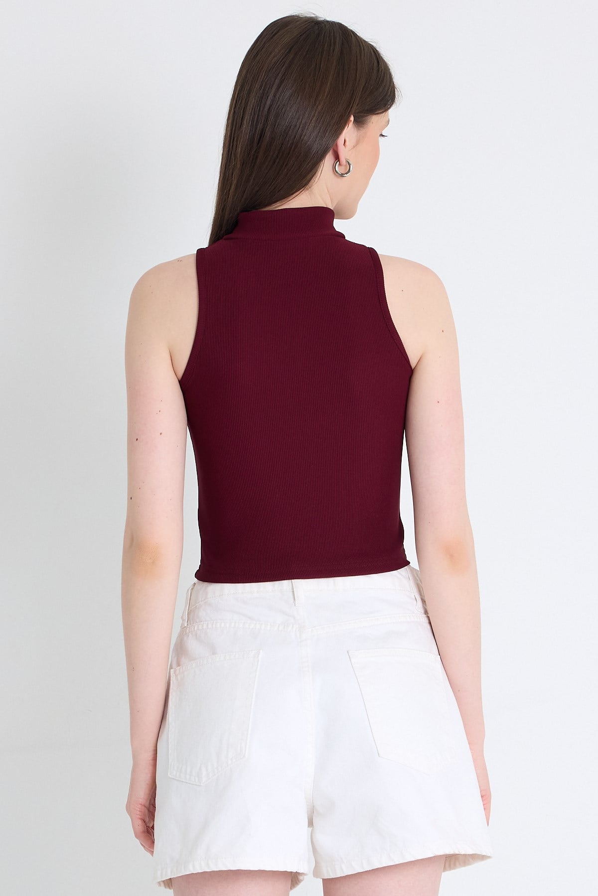 Bordo Fermuar Detaylı Kolsuz Crop Bluz 2226