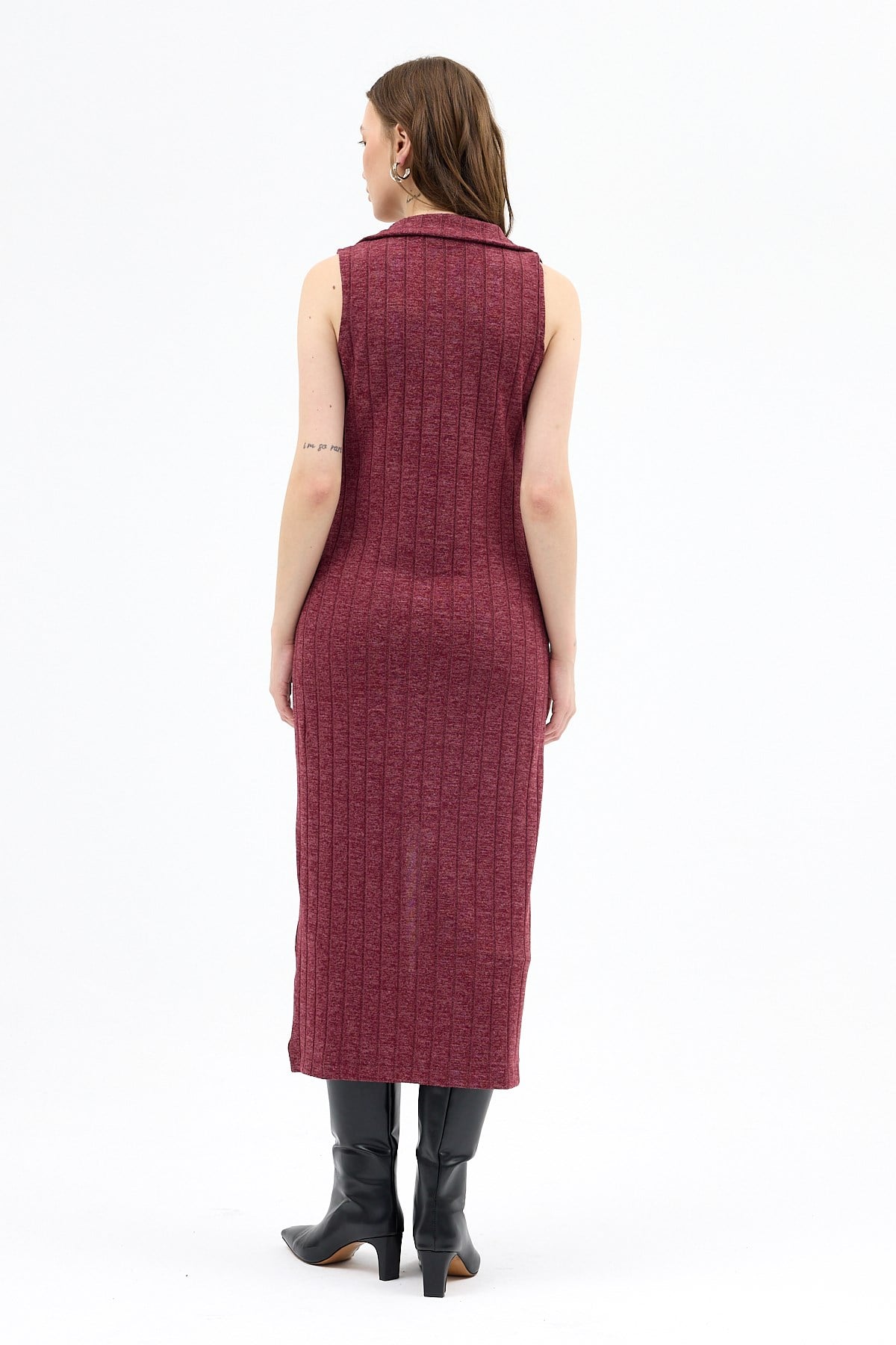 Bordo Fermuarlı Dik Yaka Triko Elbise 8152A