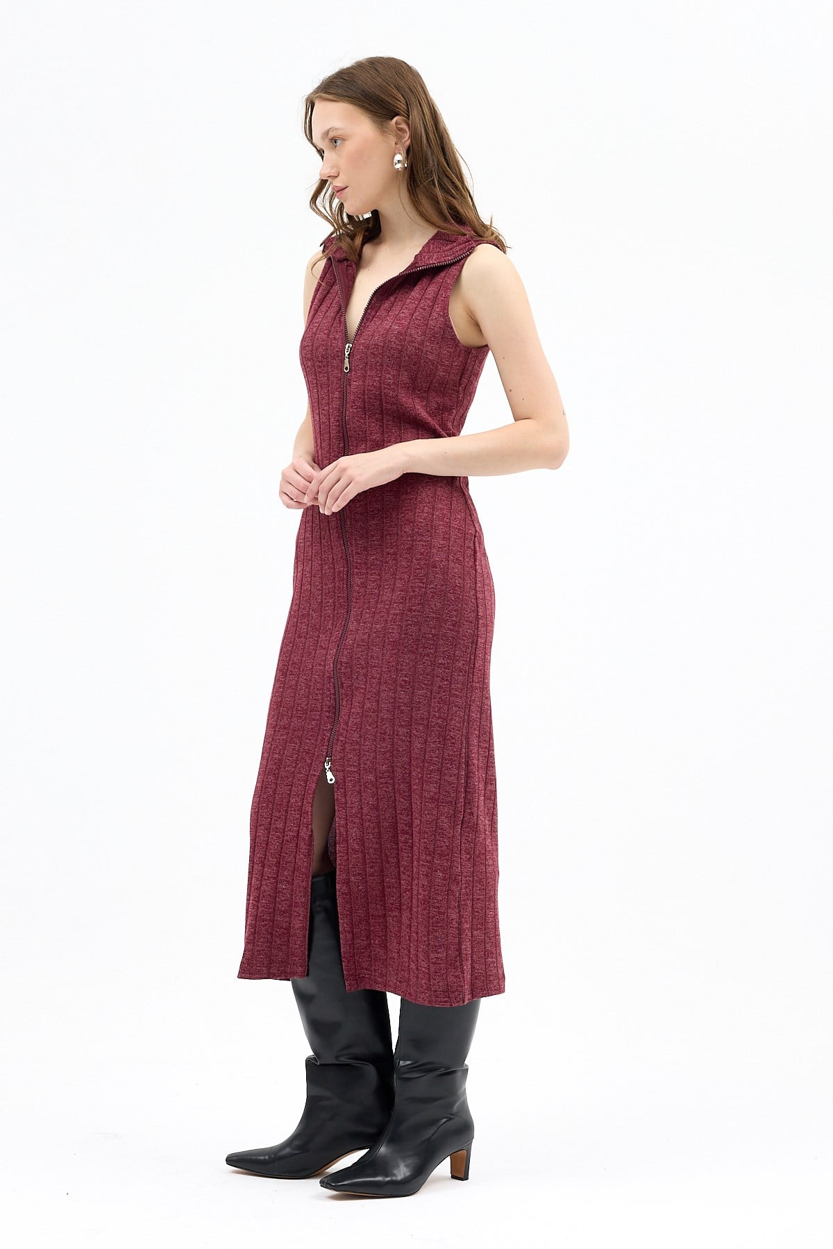Bordo Fermuarlı Dik Yaka Triko Elbise 8152A