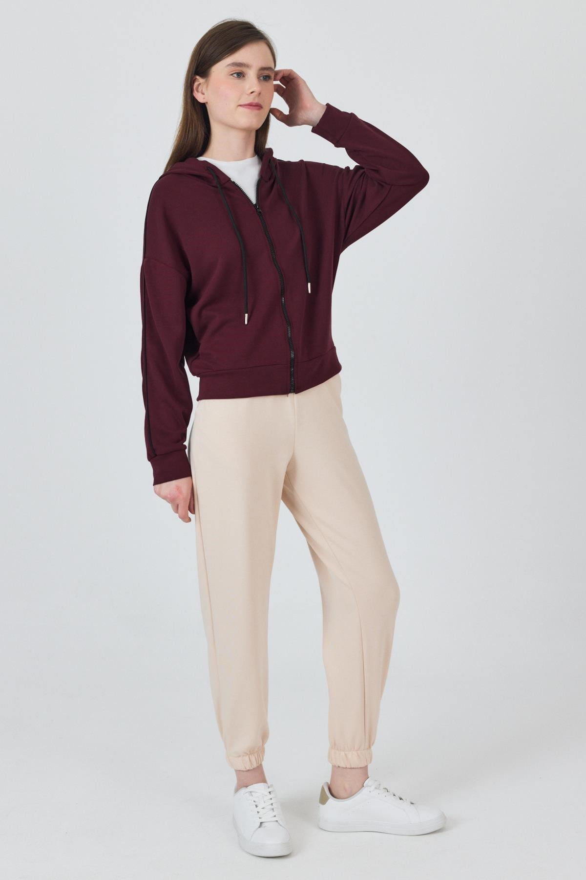 Bordo Fermuarlı Kapüşonlu Şerit Detaylı Sweatshirt 3045