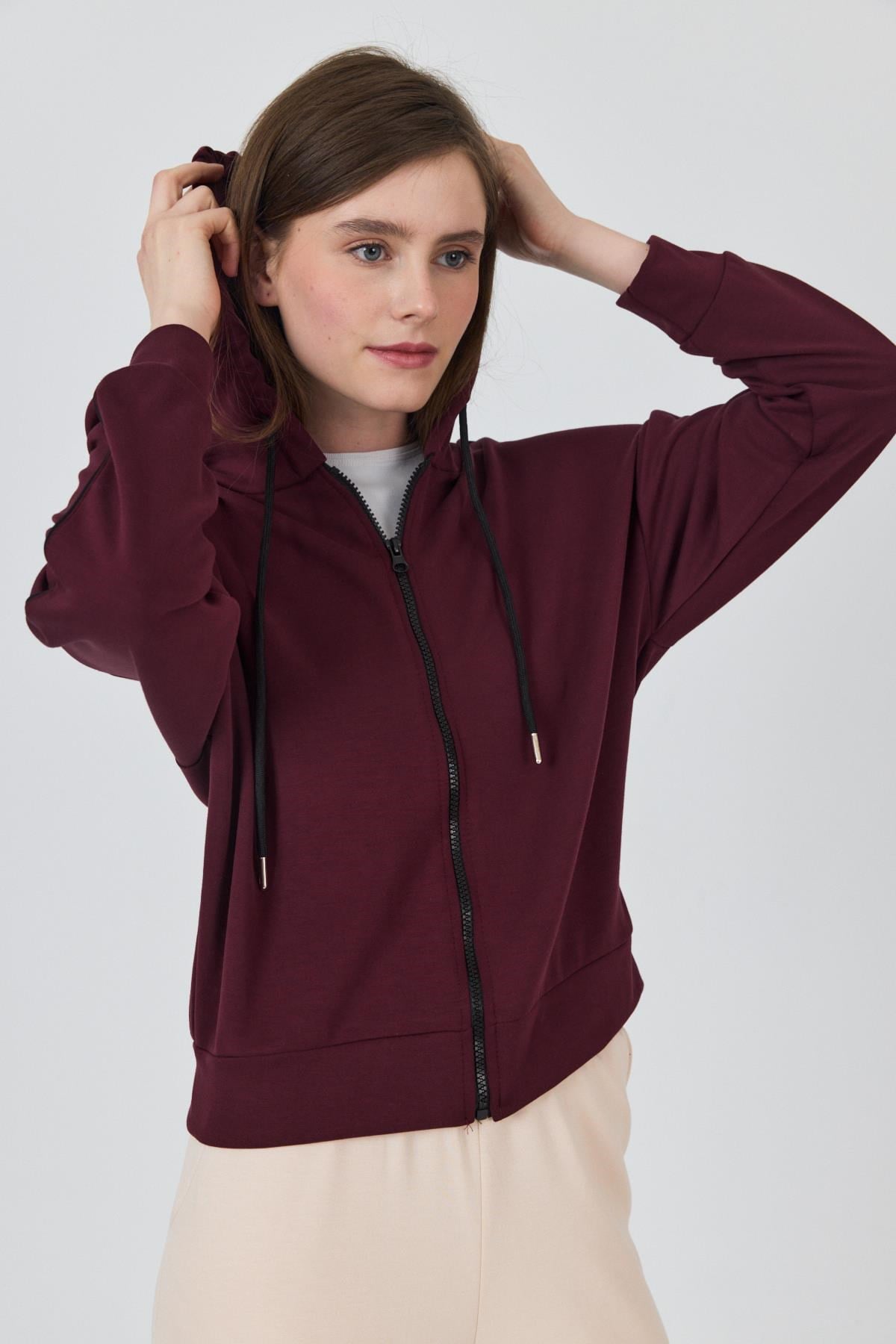 Bordo Fermuarlı Kapüşonlu Şerit Detaylı Sweatshirt 3045