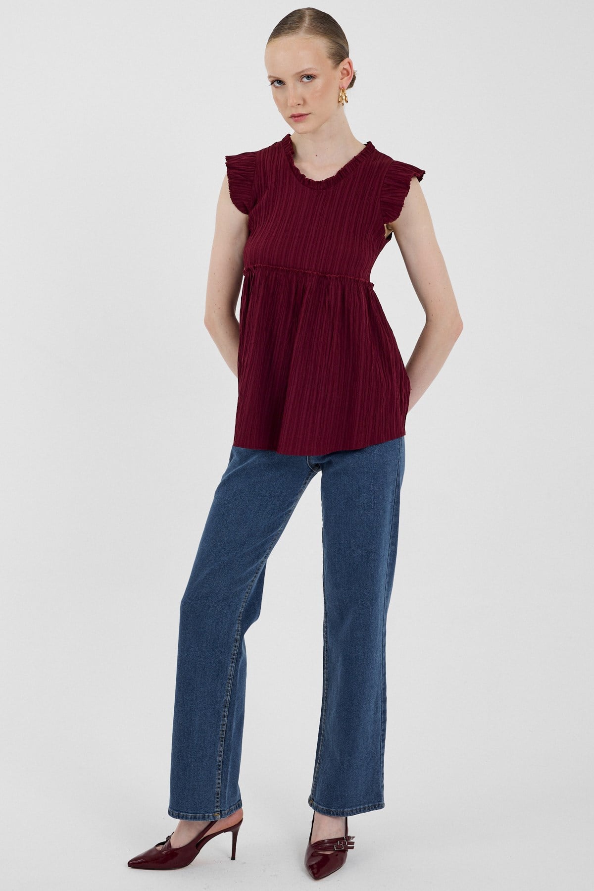 Bordo Fırfır Kol Detaylı Bluz 8053A