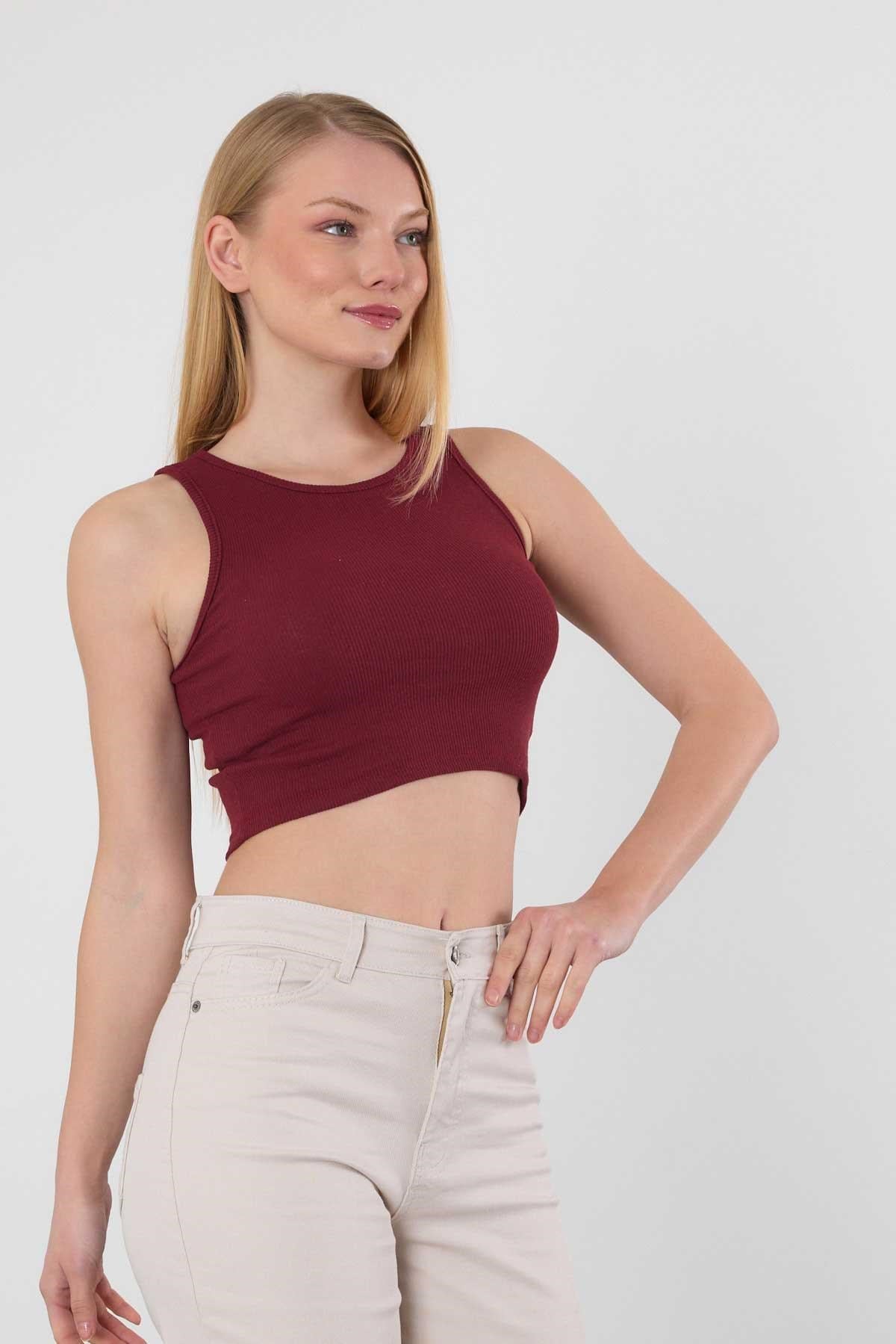Bordo Fitilli Crop Kadın Atlet 1312