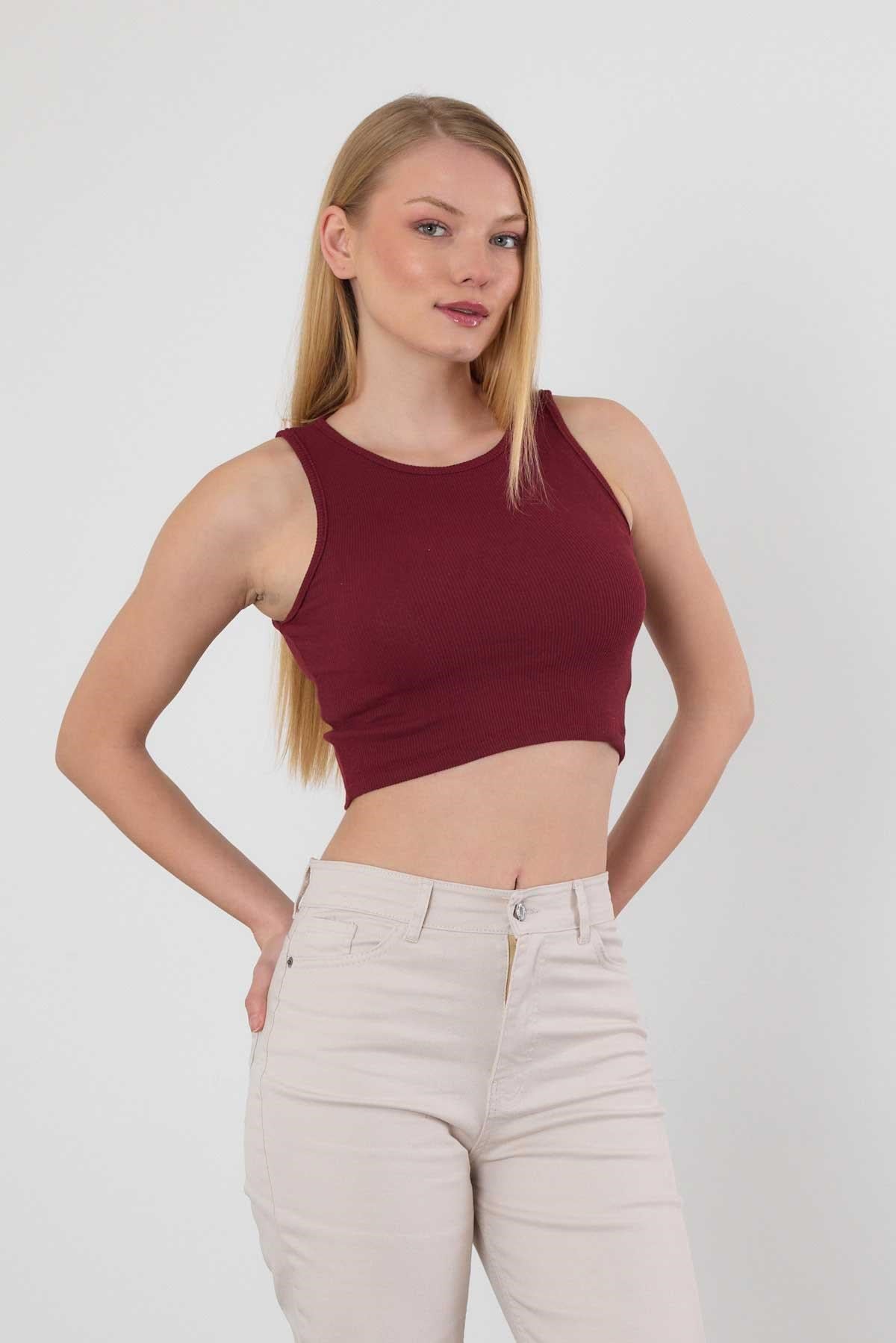Bordo Fitilli Crop Kadın Atlet 1312