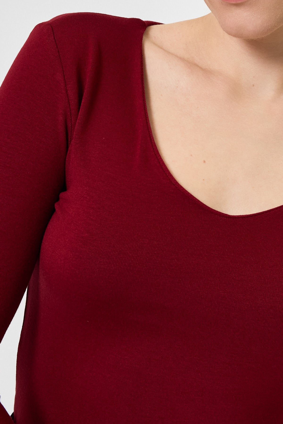 Bordo Fitilli V Yaka Uzun Kollu Kadın Body 8266A