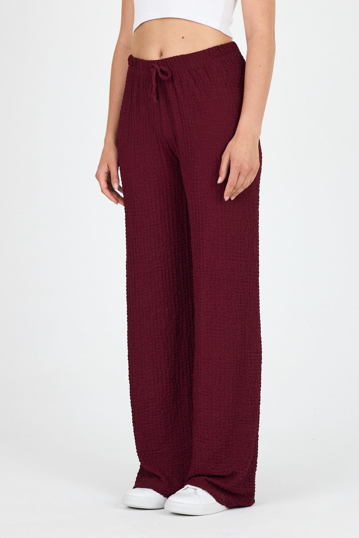 Bordo Geniş Paça Dökümlü Bürümcük Kumaş Pantolon 326