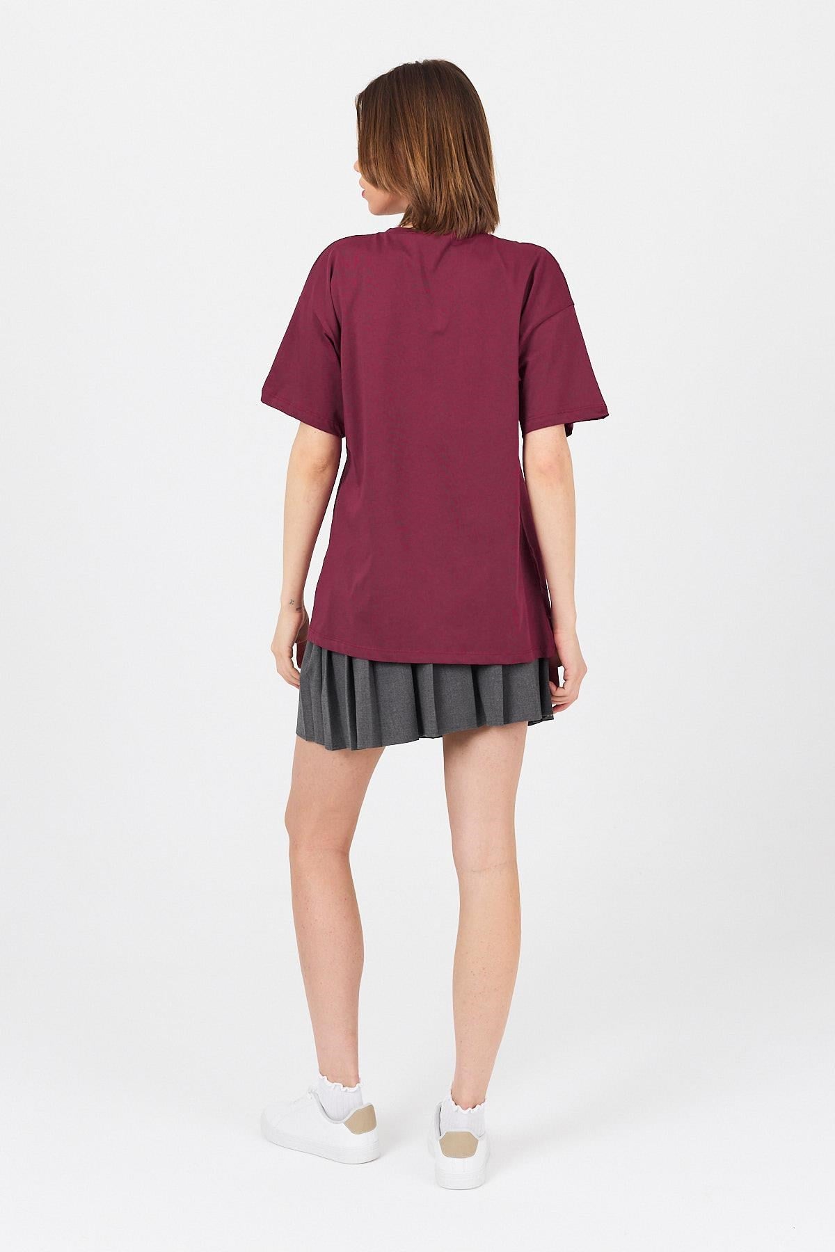 Bordo Göğüs Yazı Baskılı Pamuklu Oversize Tişört 2150-31M