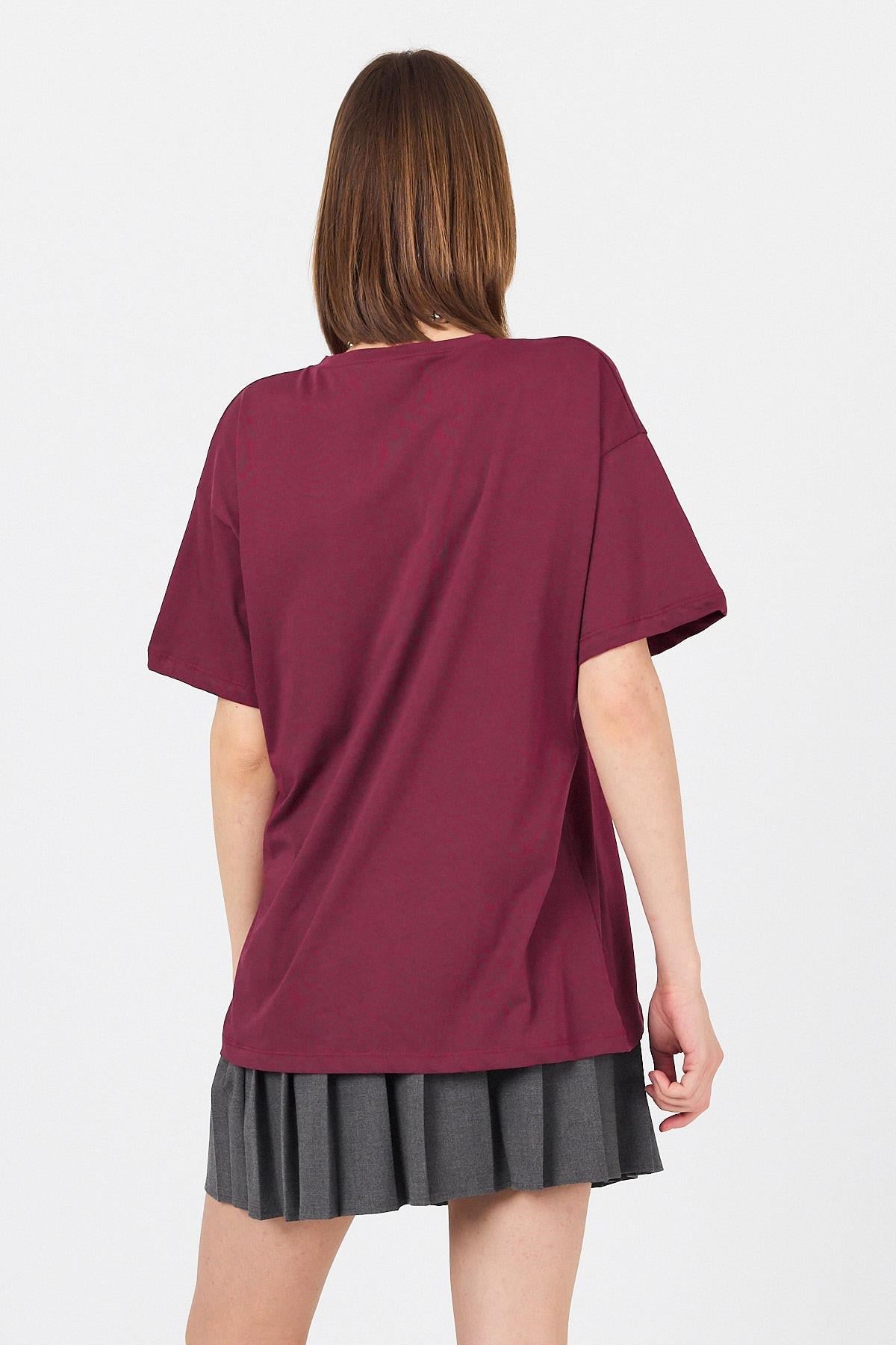 Bordo Göğüs Yazı Baskılı Pamuklu Oversize Tişört 2150-31M