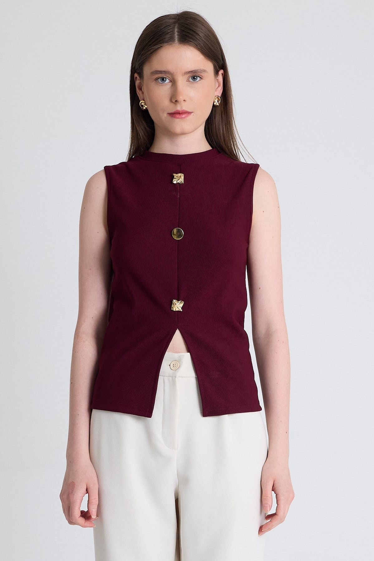 Bordo Gold Düğme Detaylı Kolsuz Bluz 2203