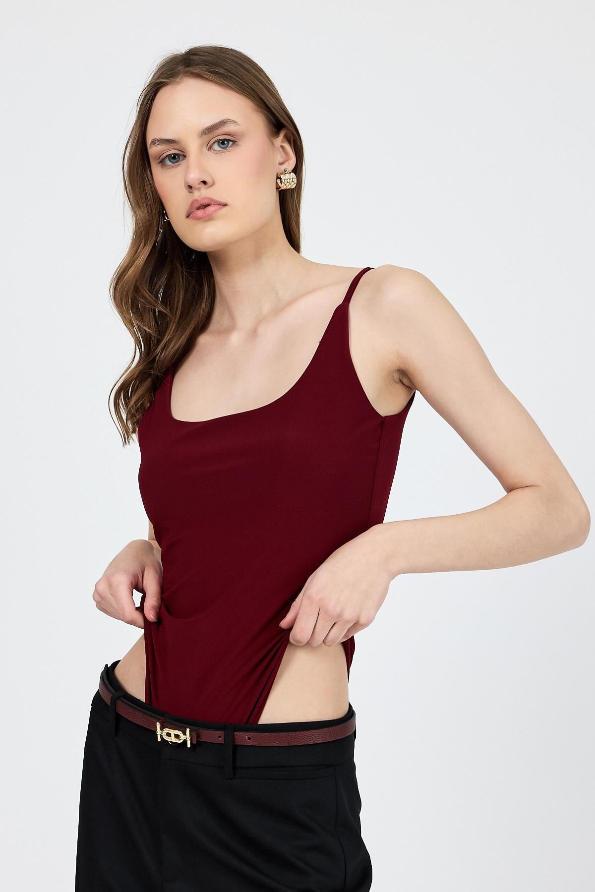 Bordo İnce Askılı Çıtçıtlı Bodysuit 13255