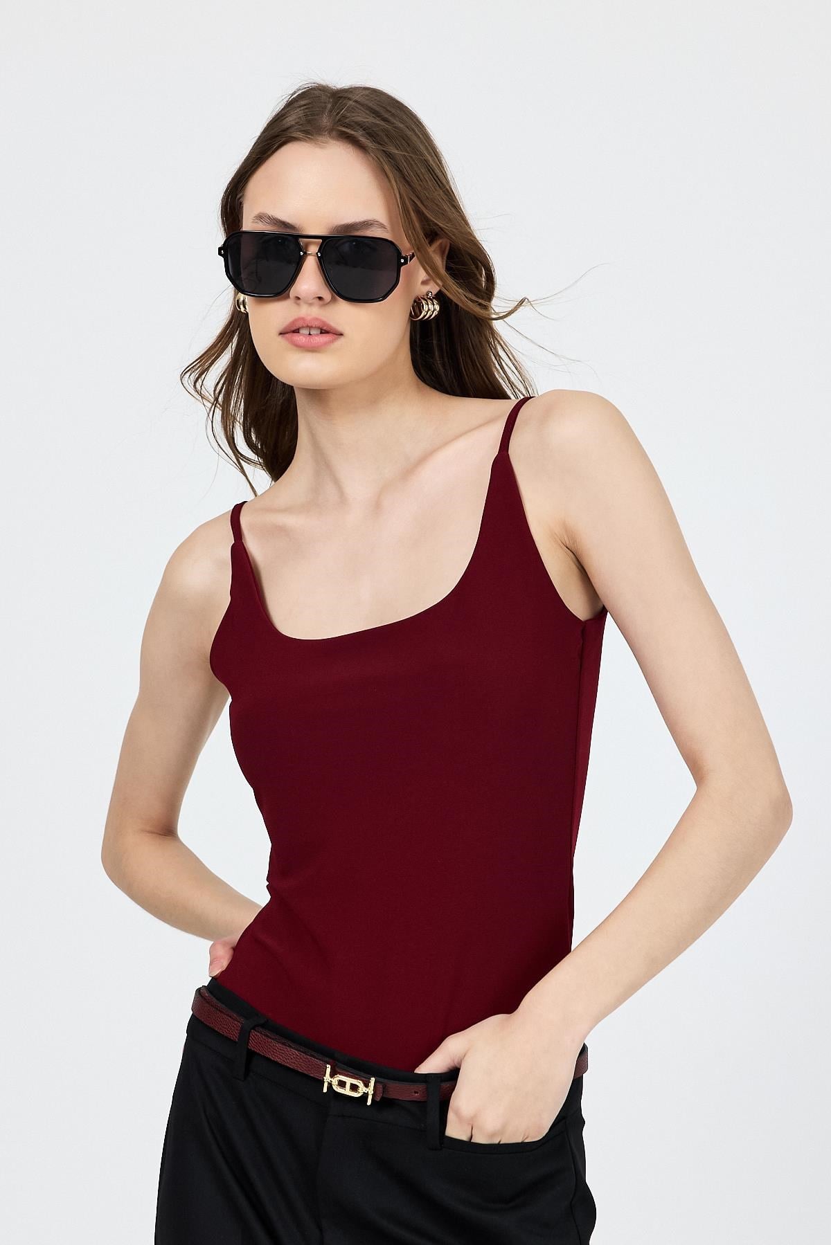 Bordo İnce Askılı Çıtçıtlı Bodysuit 13255