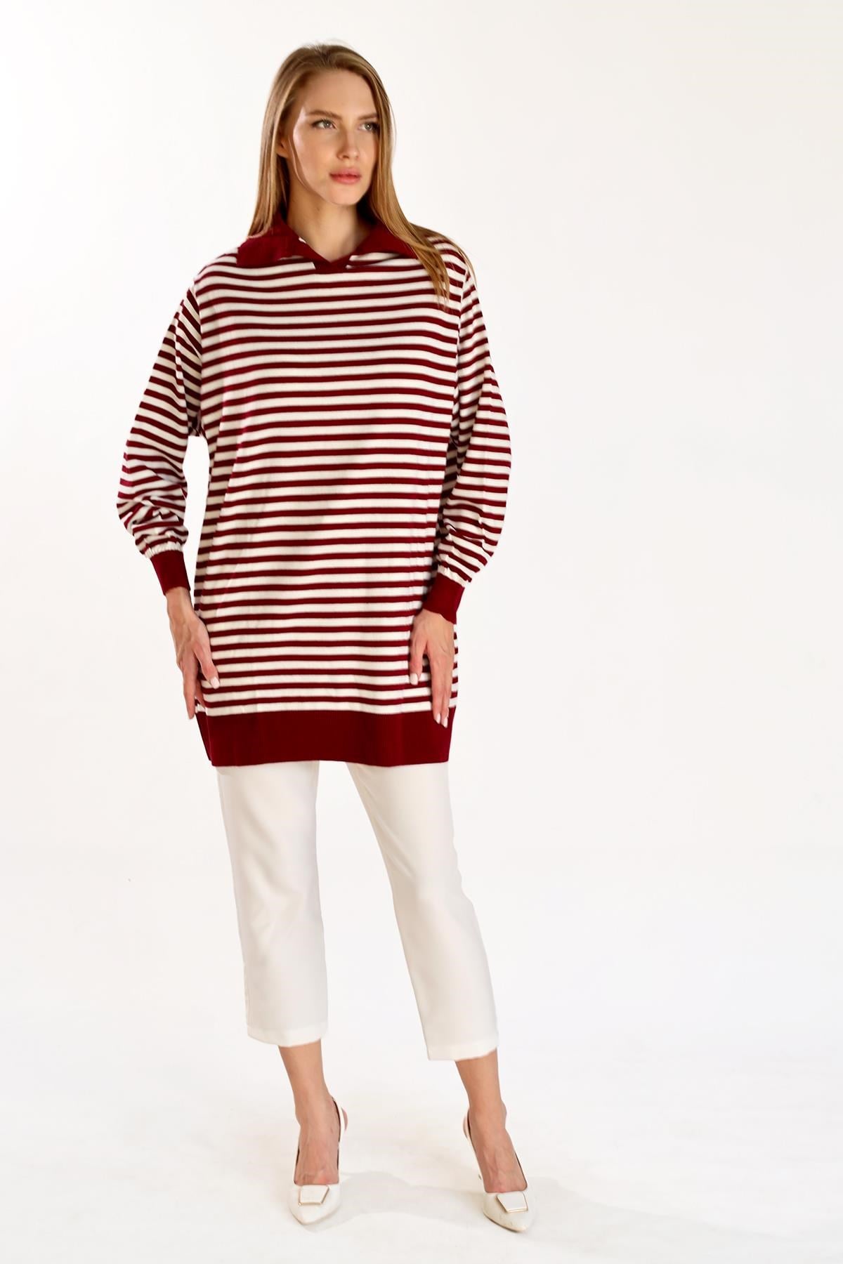 Bordo İnce Çizgi Polo Yaka Tunik 5345