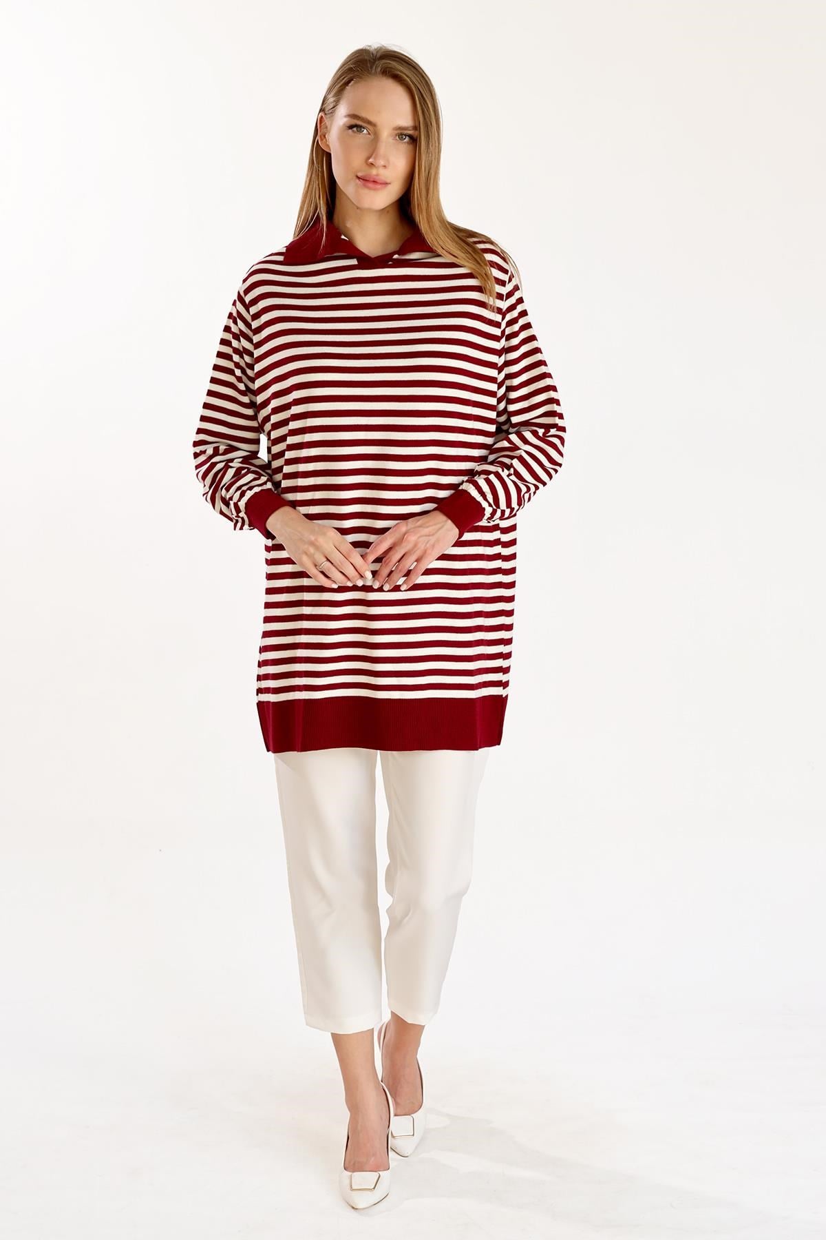 Bordo İnce Çizgi Polo Yaka Tunik 5345